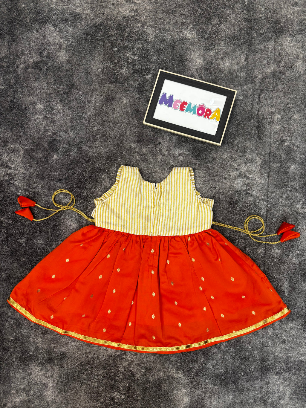 Onam Special Rust Orange & Gold Kasavu Silk Frock for Baby Girl