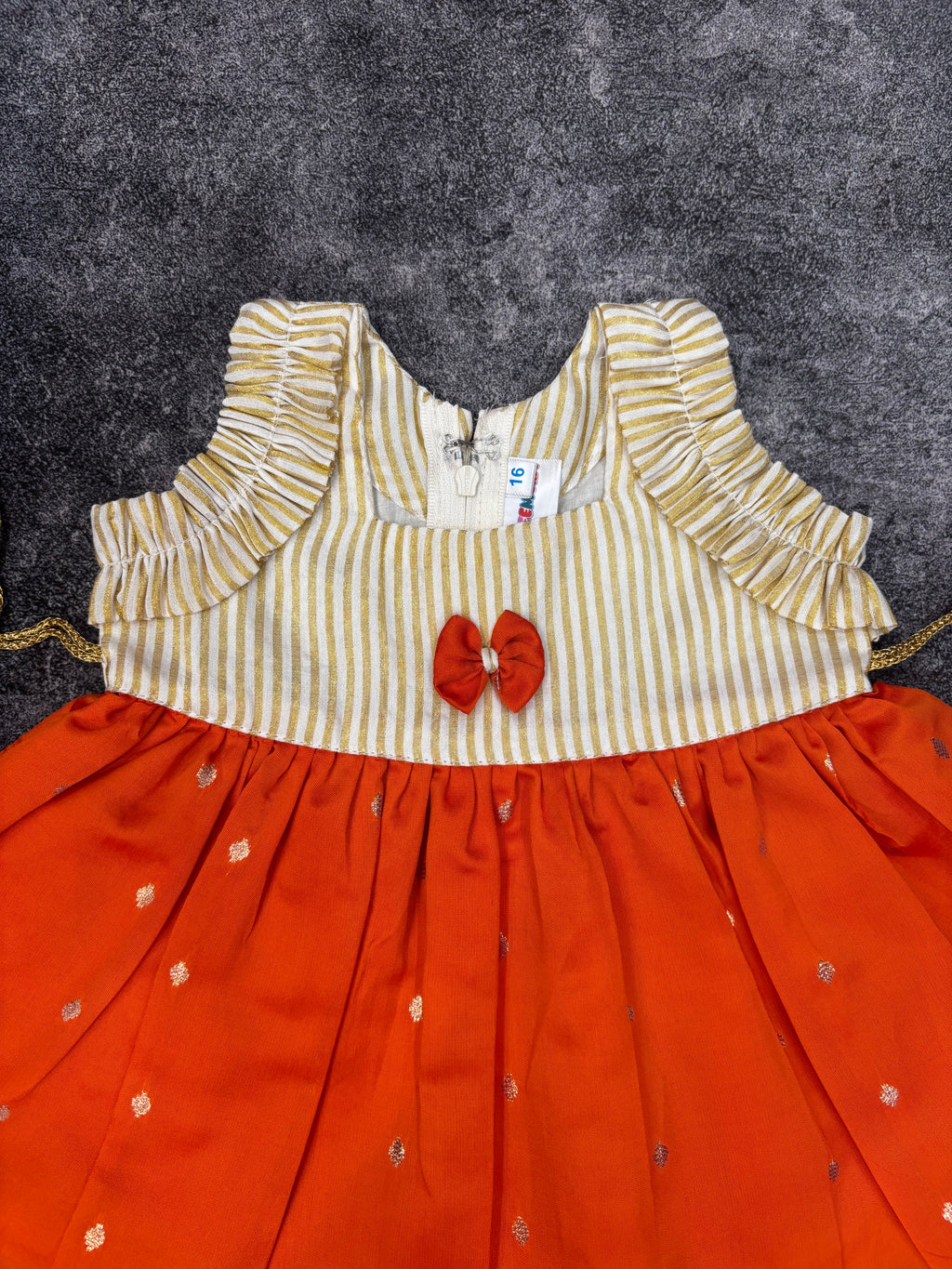 Onam Special Rust Orange & Gold Kasavu Silk Frock for Baby Girl