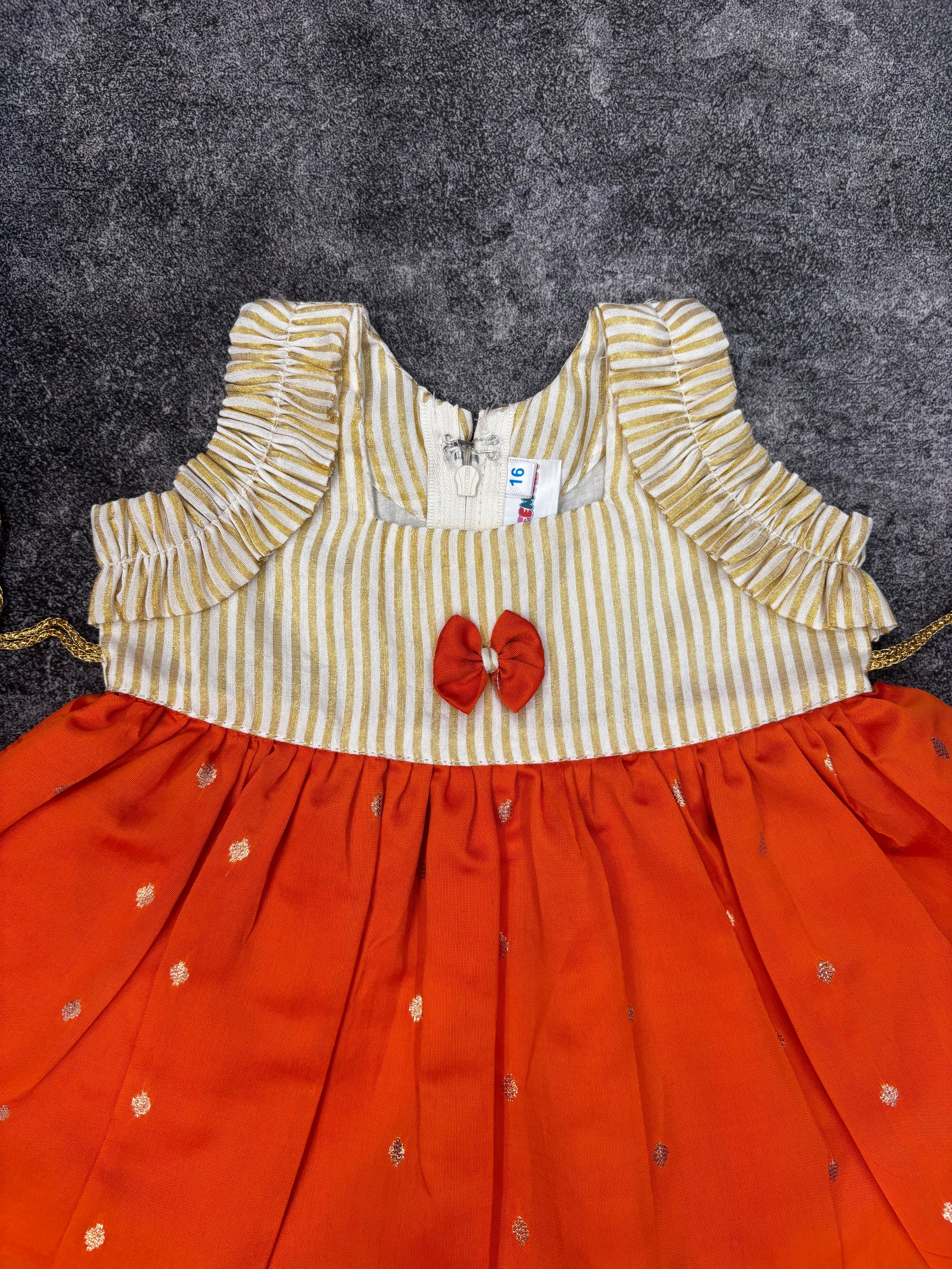 Onam Special Rust Orange & Gold Kasavu Silk Frock for Baby Girl