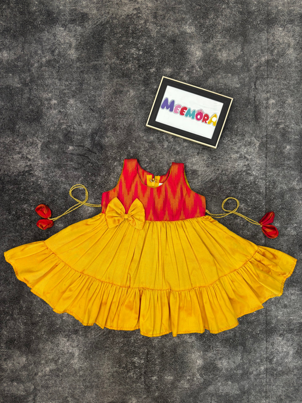 Peach Ikat & Yellow Silk Frill Frock for Baby Girl