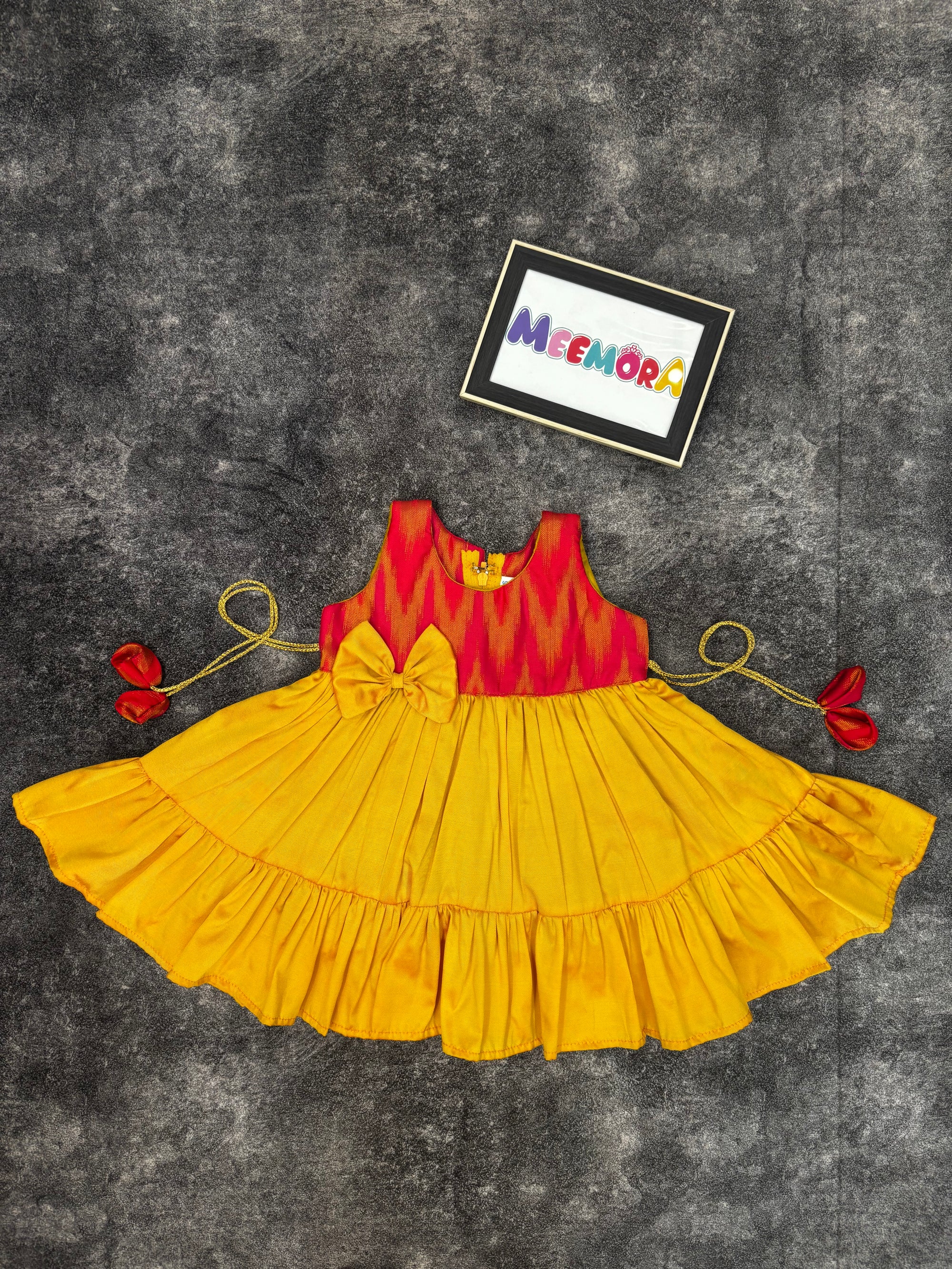 Peach Ikat & Yellow Silk Frill Frock for Baby Girl