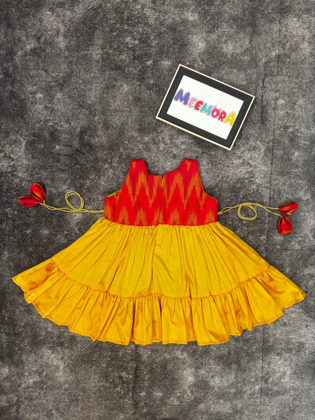 Peach Ikat & Yellow Silk Frill Frock for Baby Girl
