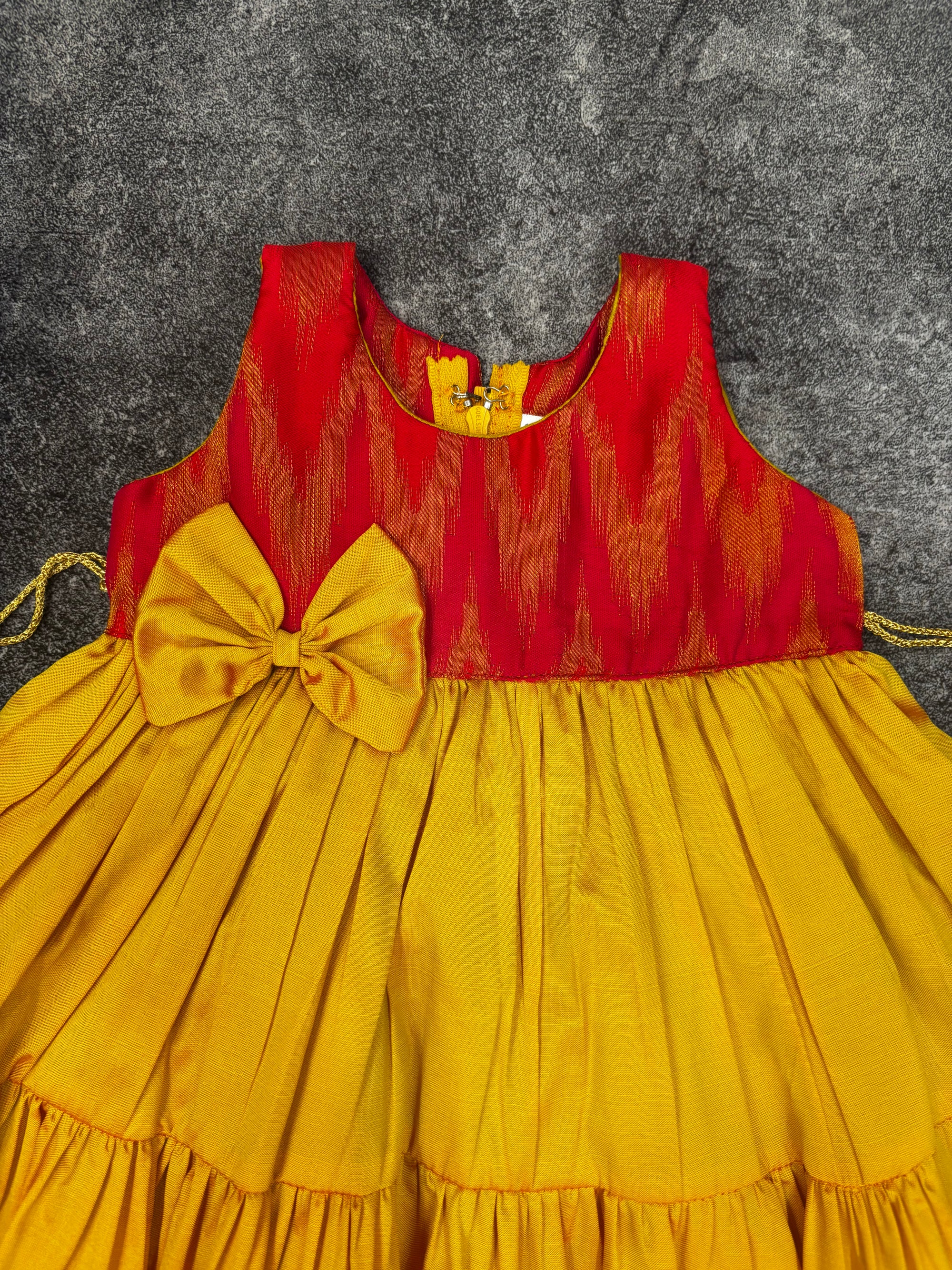 Peach Ikat & Yellow Silk Frill Frock for Baby Girl