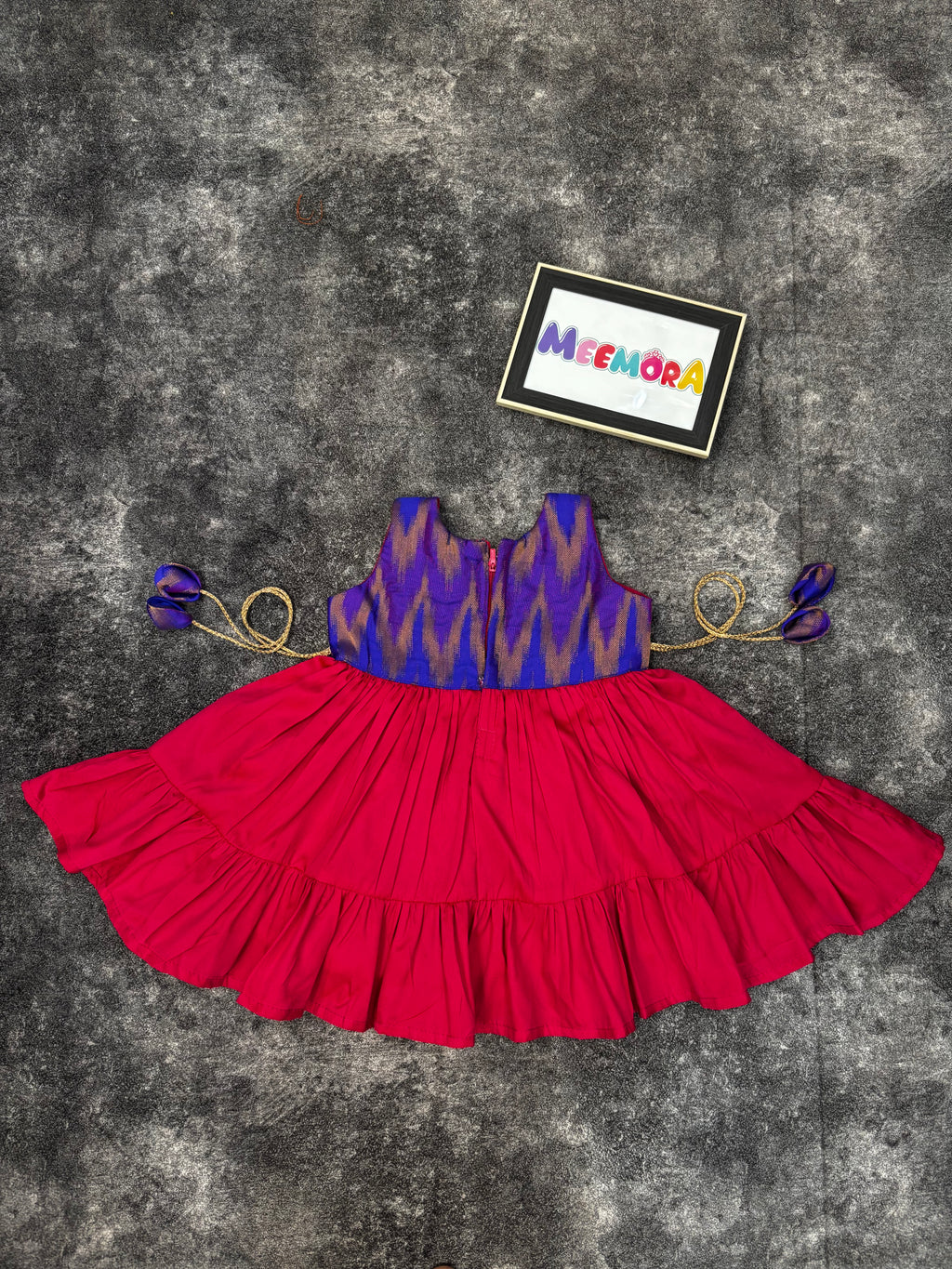Royal Blue Ikat & Rani Pink Silk Frill Frock for Baby Girl