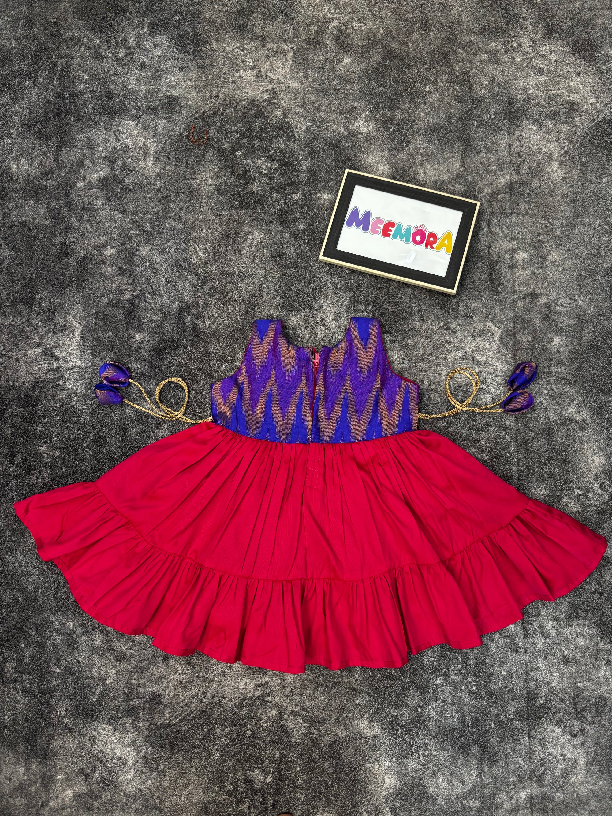 Royal Blue Ikat & Rani Pink Silk Frill Frock for Baby Girl