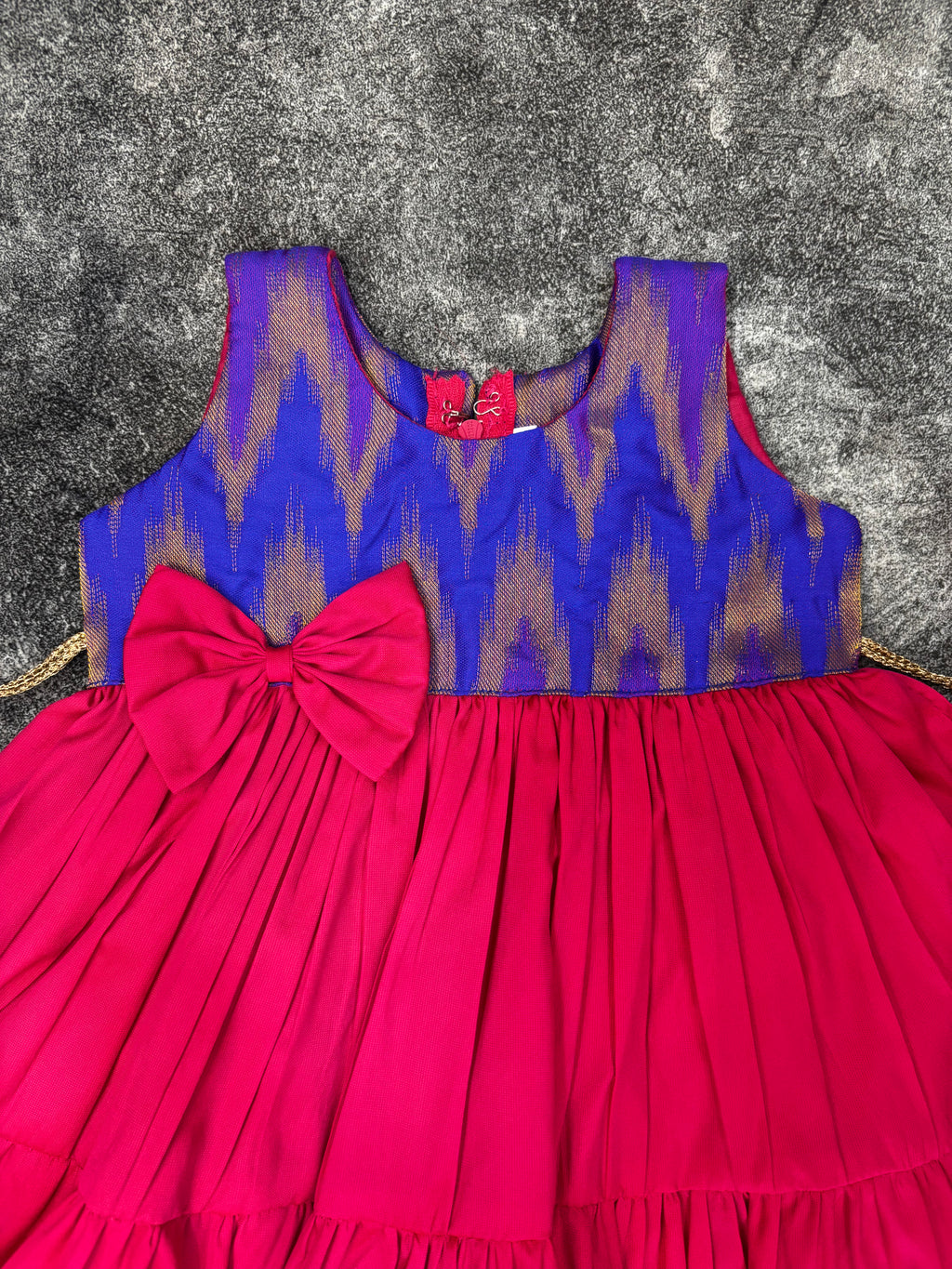 Royal Blue Ikat & Rani Pink Silk Frill Frock for Baby Girl