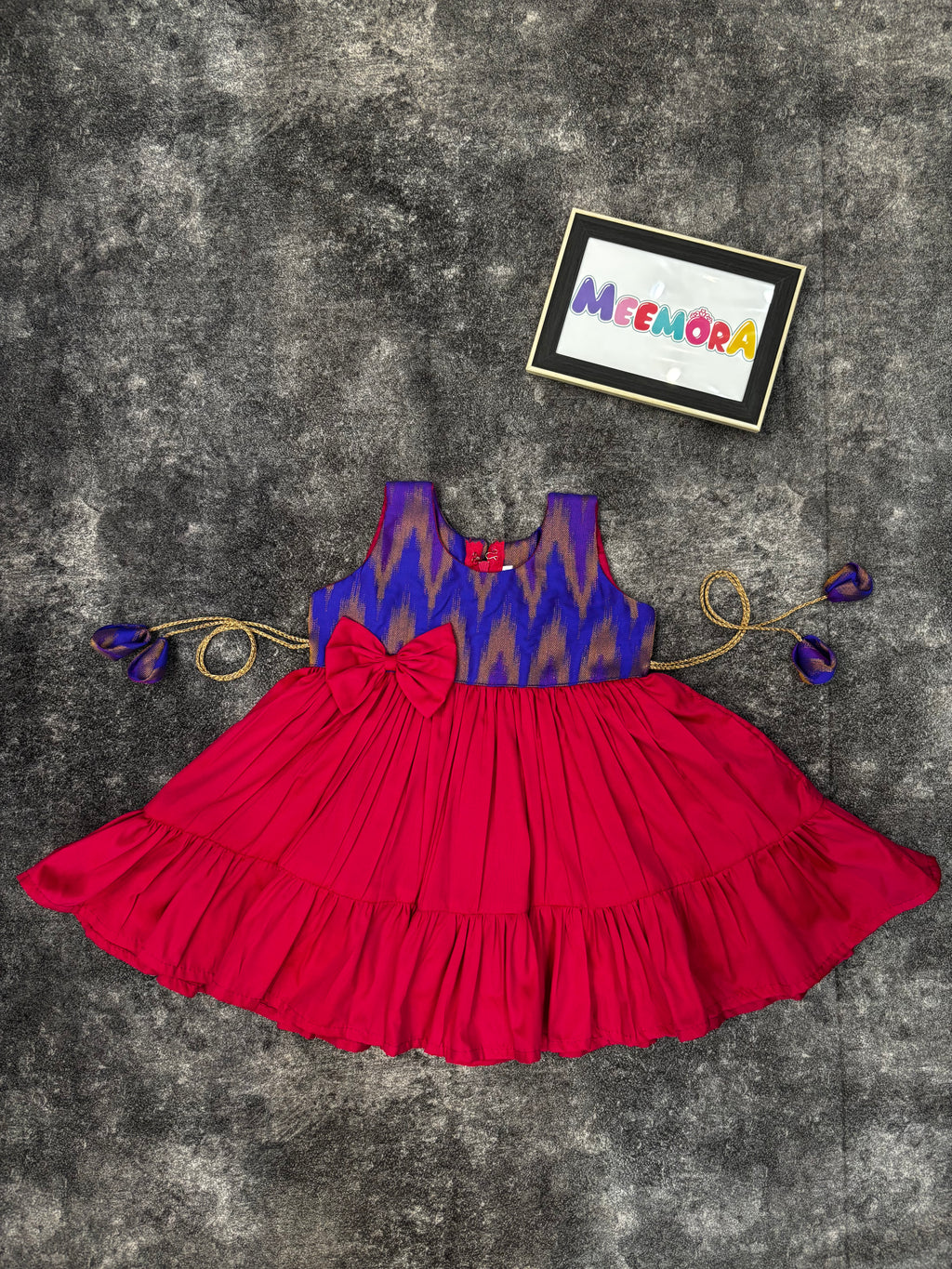 Royal Blue Ikat & Rani Pink Silk Frill Frock for Baby Girl