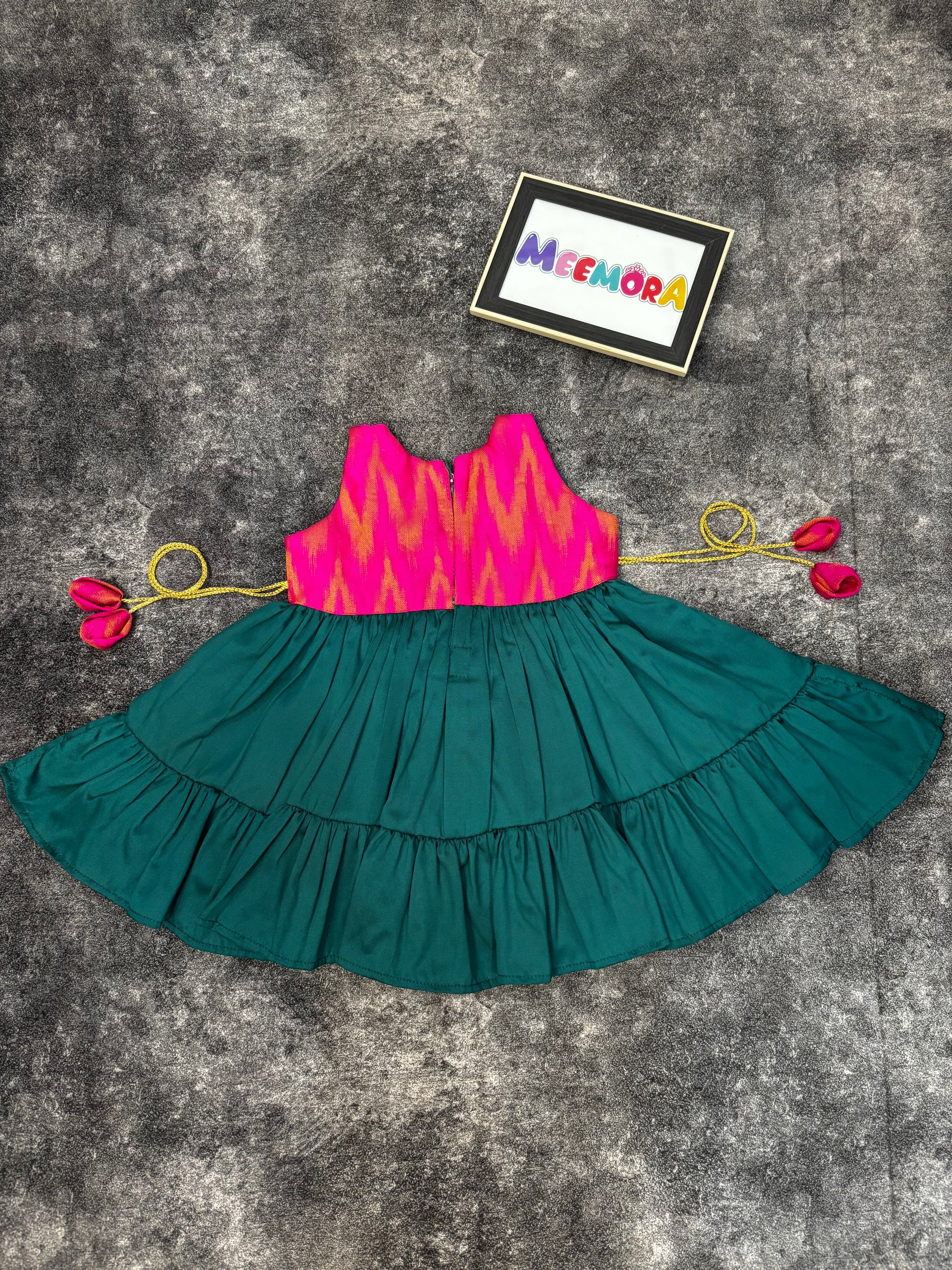 Pink Ikat & Rama Silk Frill Frock for Baby Girl