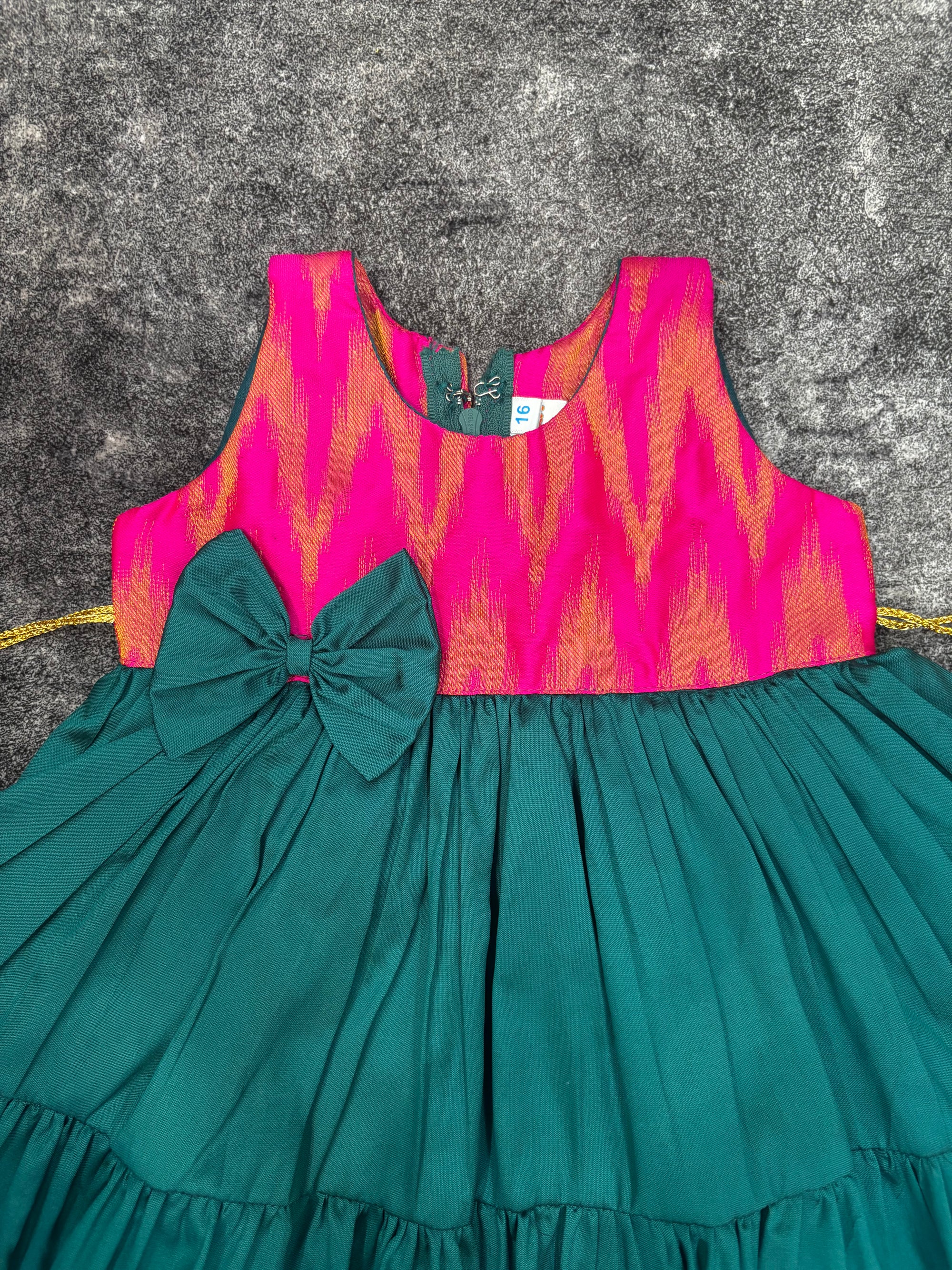 Pink Ikat & Rama Silk Frill Frock for Baby Girl