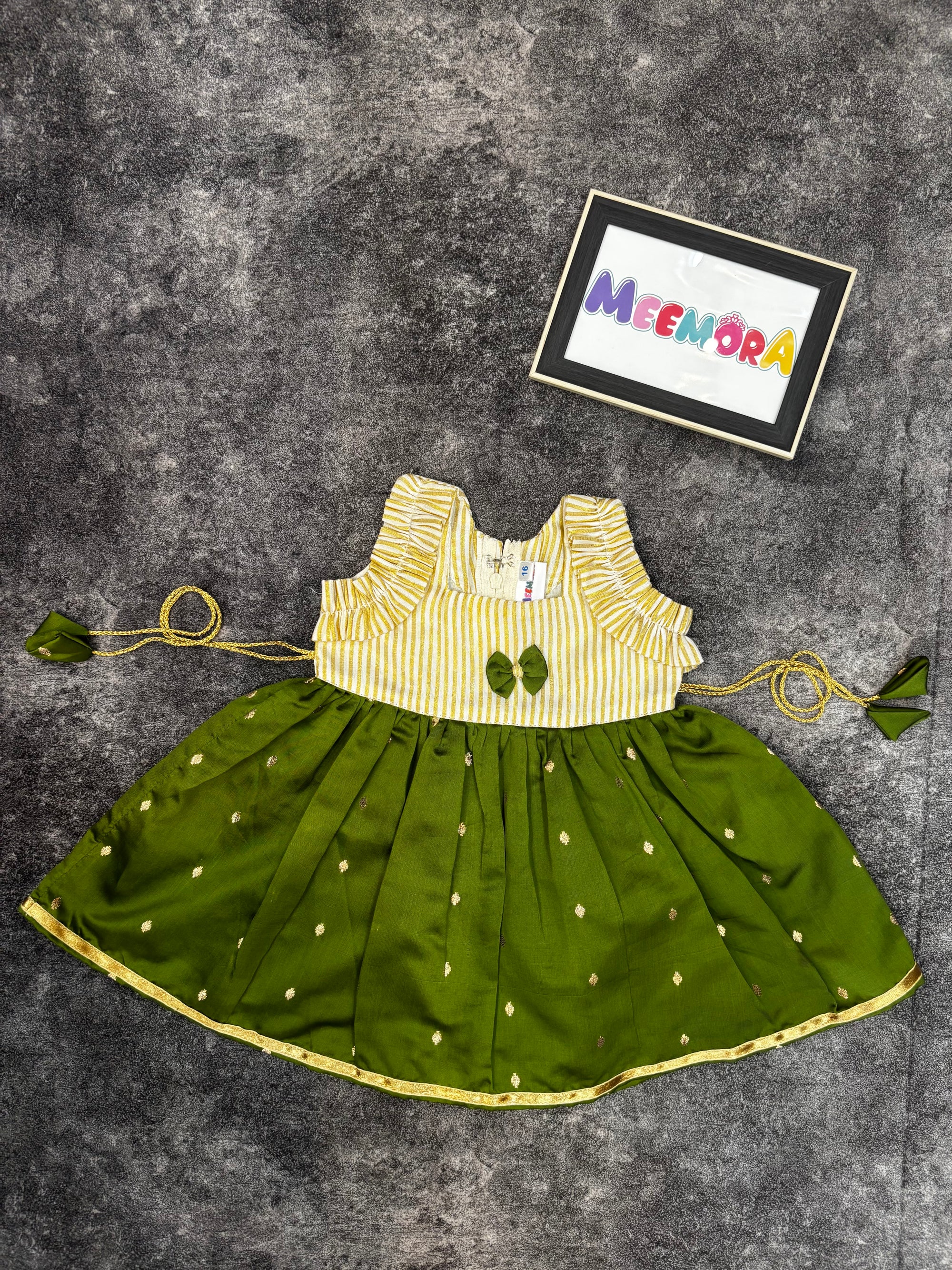 Onam Special Olive Green & Gold Kasavu Silk Frock for Baby Girl