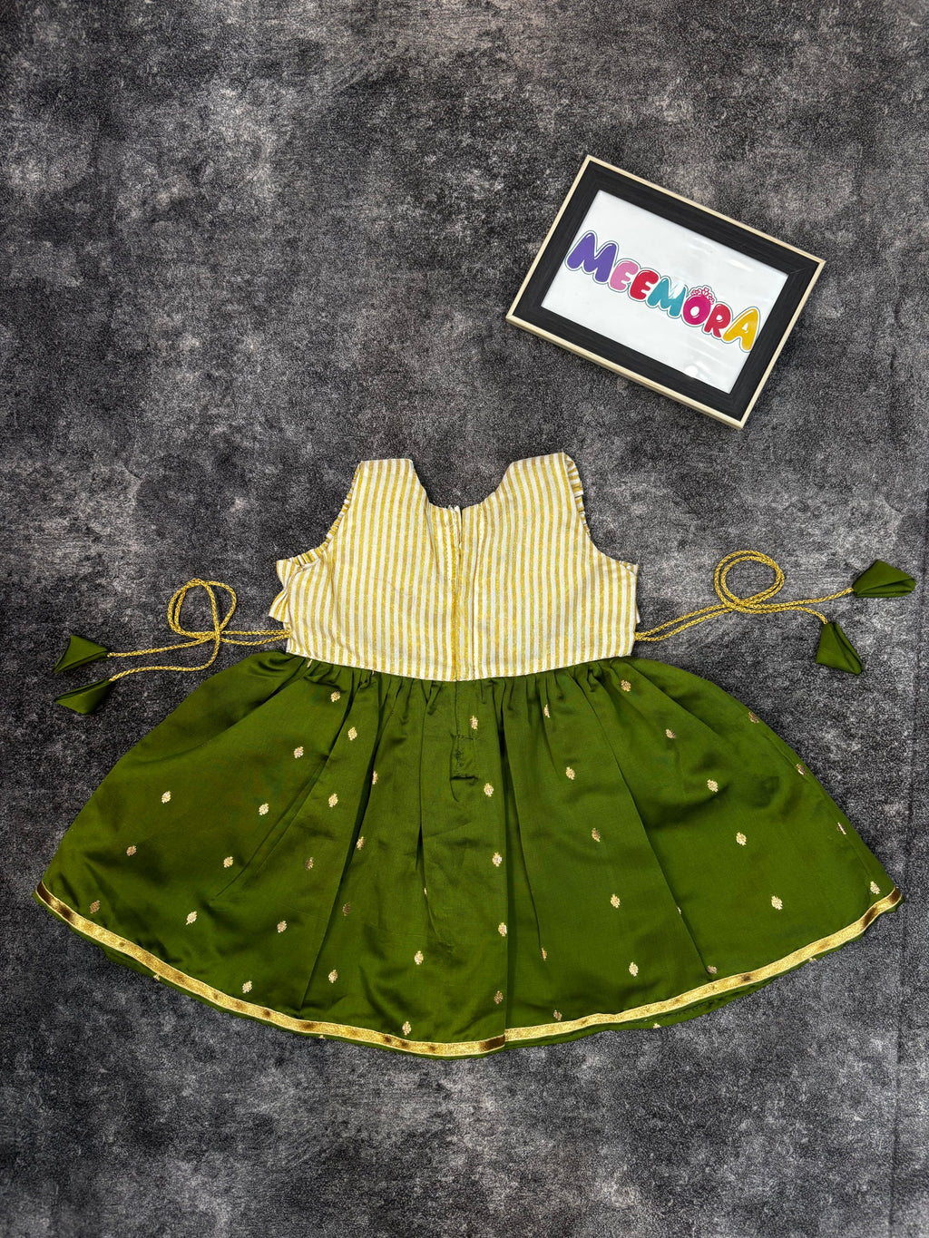 Onam Special Olive Green & Gold Kasavu Silk Frock for Baby Girl