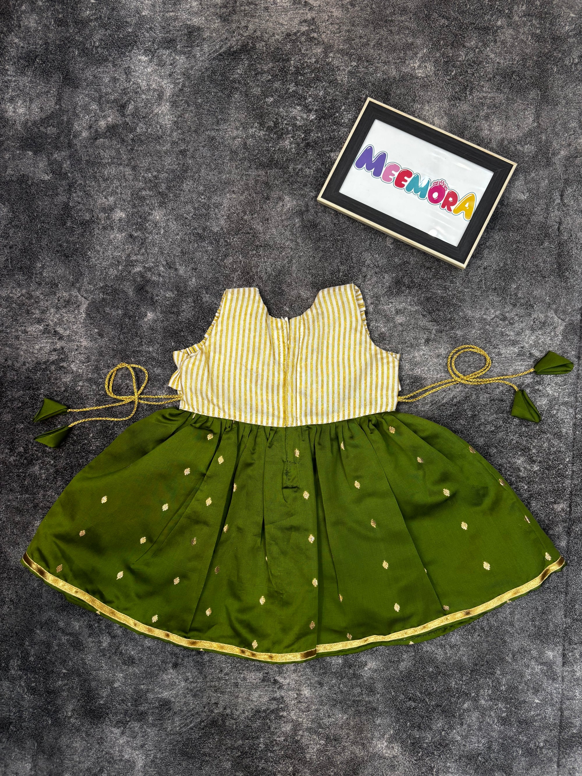 Onam Special Olive Green & Gold Kasavu Silk Frock for Baby Girl