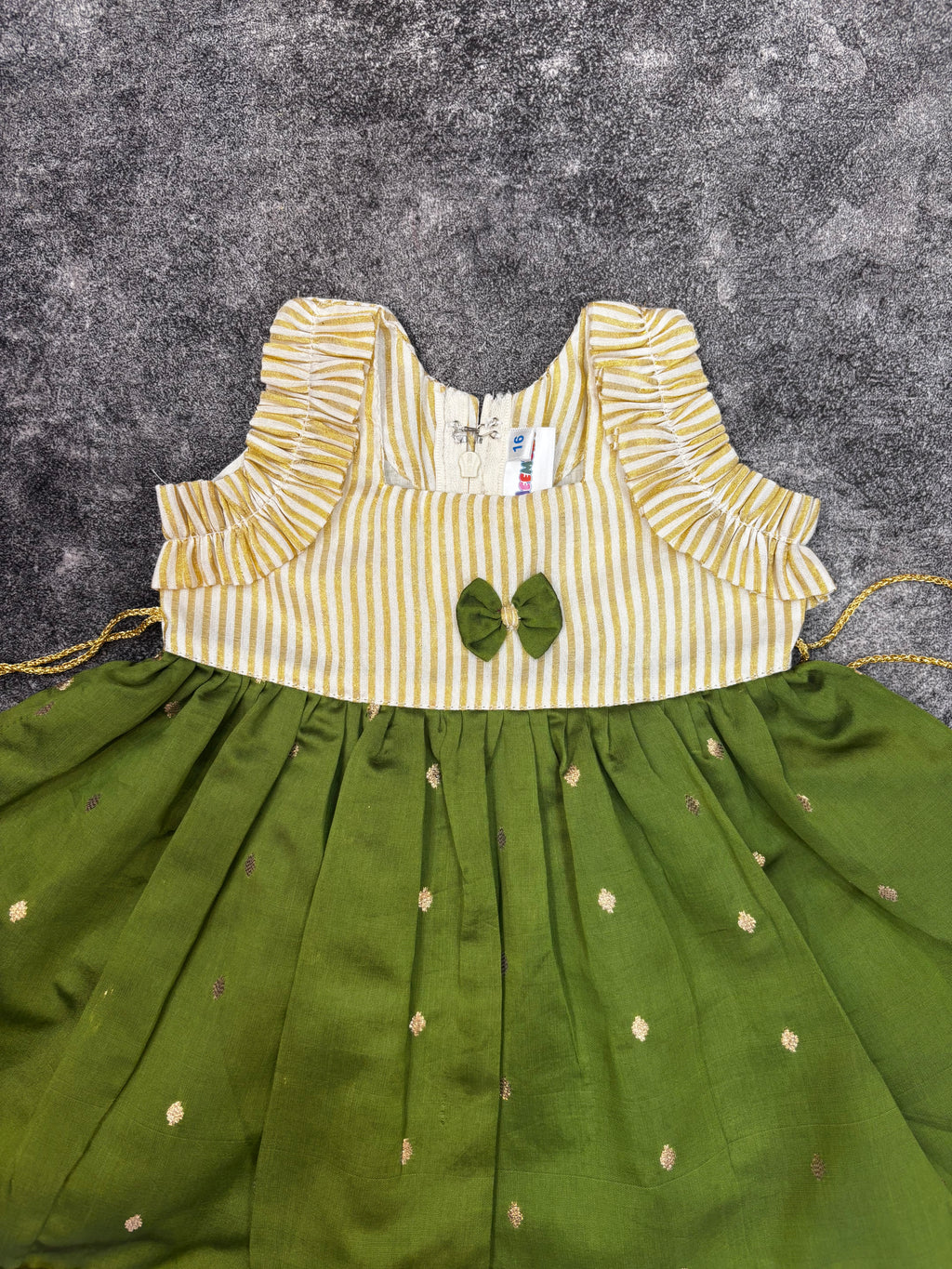 Onam Special Olive Green & Gold Kasavu Silk Frock for Baby Girl
