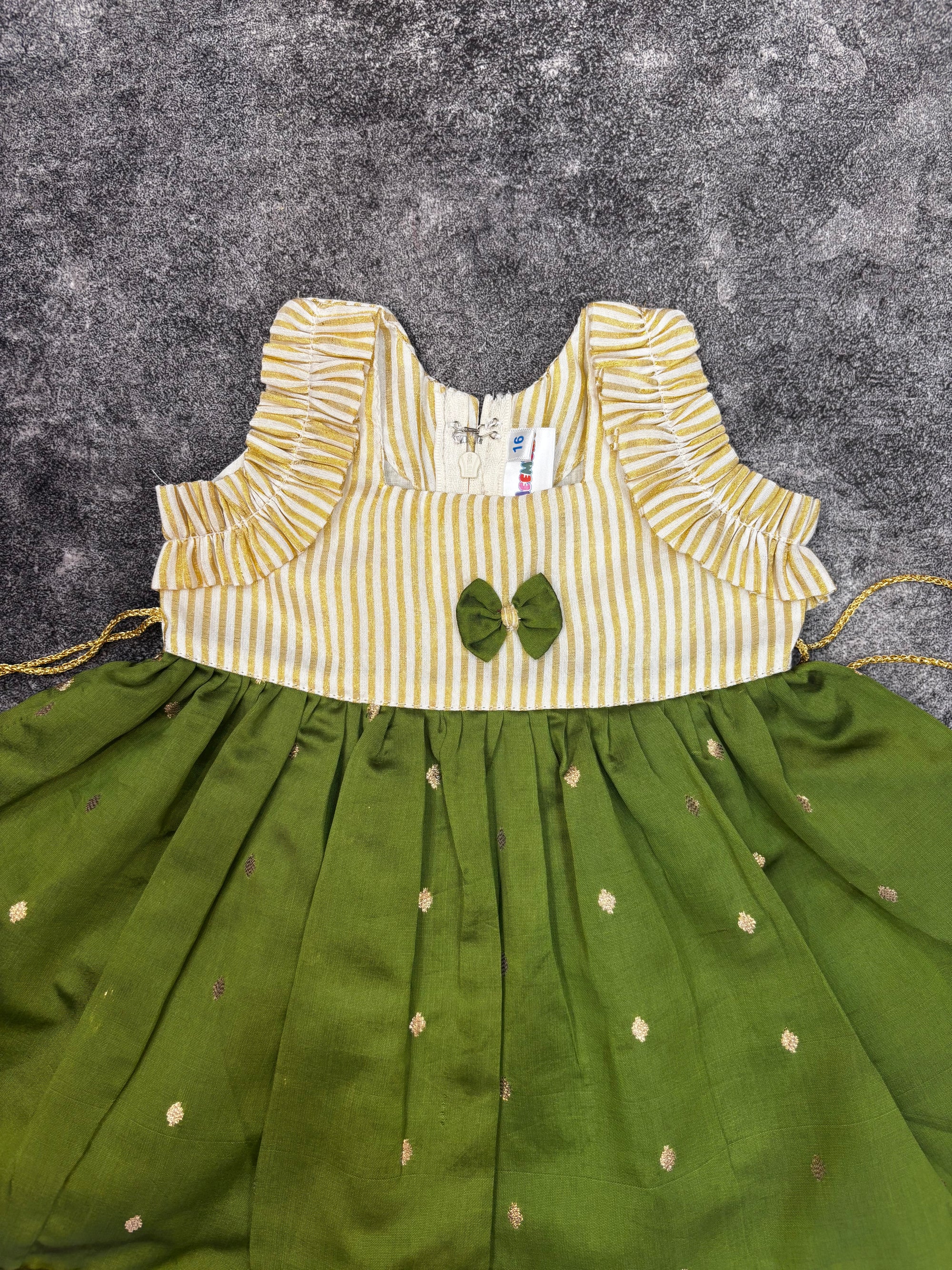 Onam Special Olive Green & Gold Kasavu Silk Frock for Baby Girl