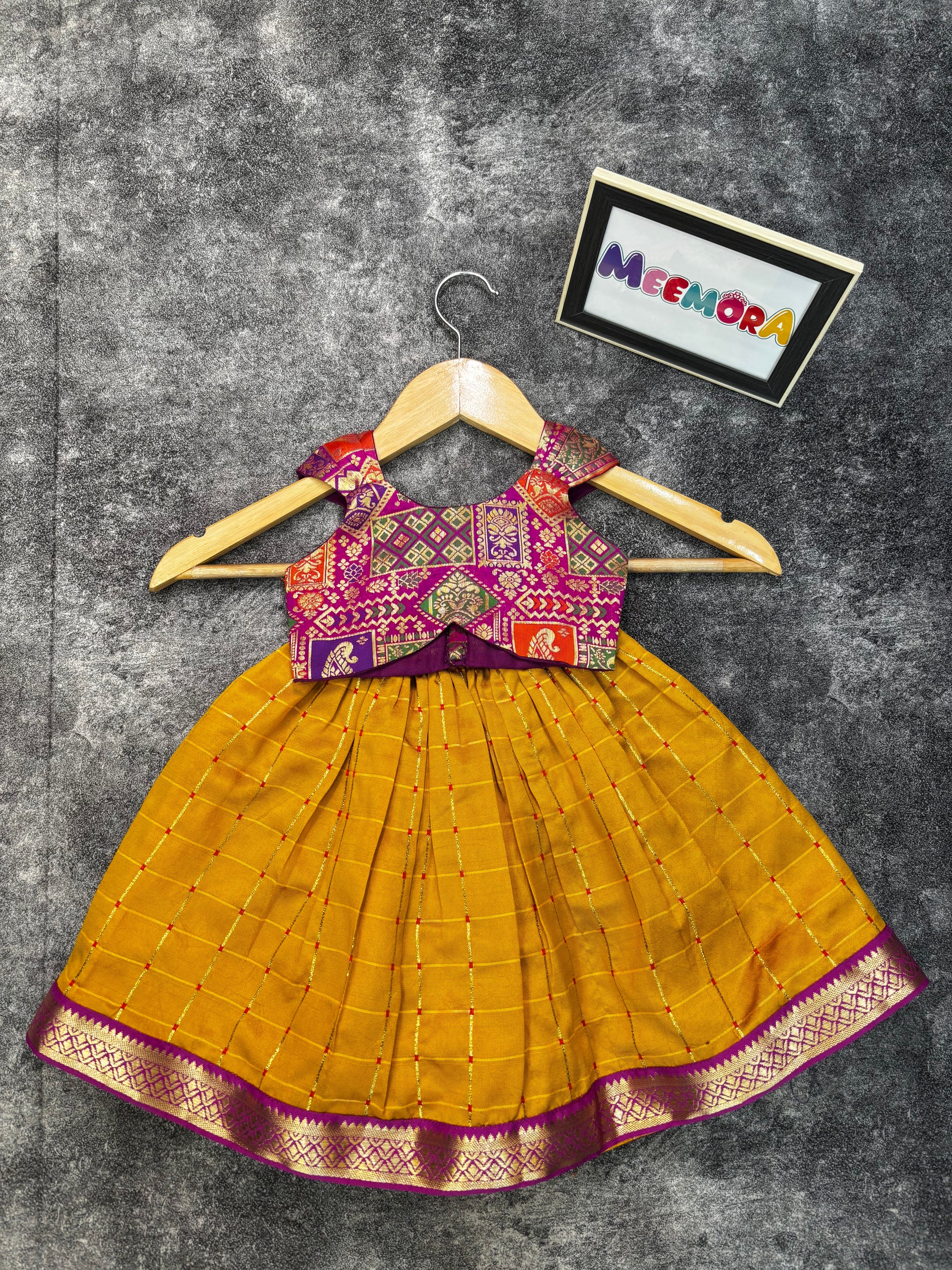 Mustard Checks Silk Skirt With Purple Alia Cut Blouse
