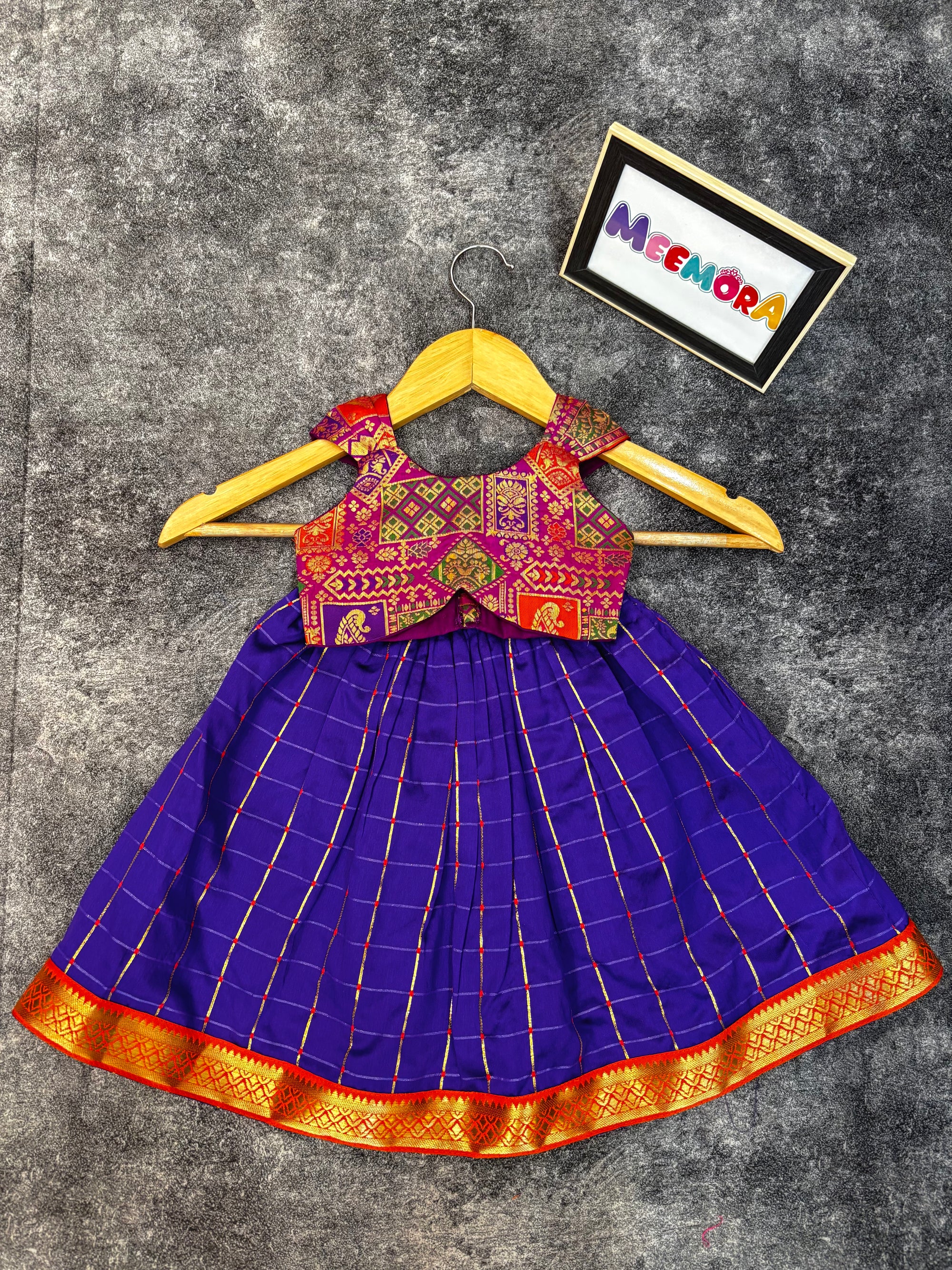 Purple Checks Silk Skirt With Purple Alia Cut Blouse