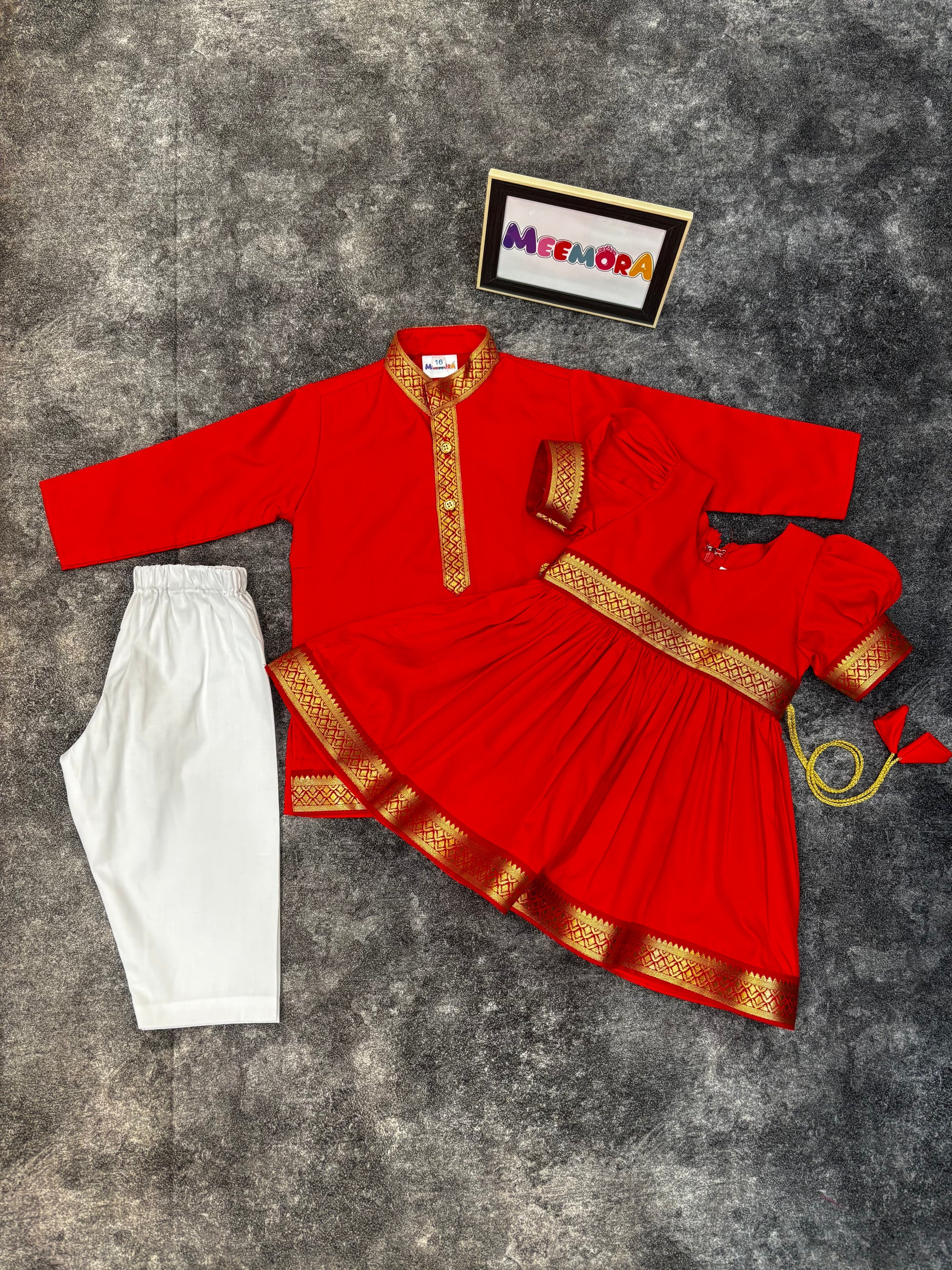 Red Two Toned Silk Frock & Kurta Pajama Combo