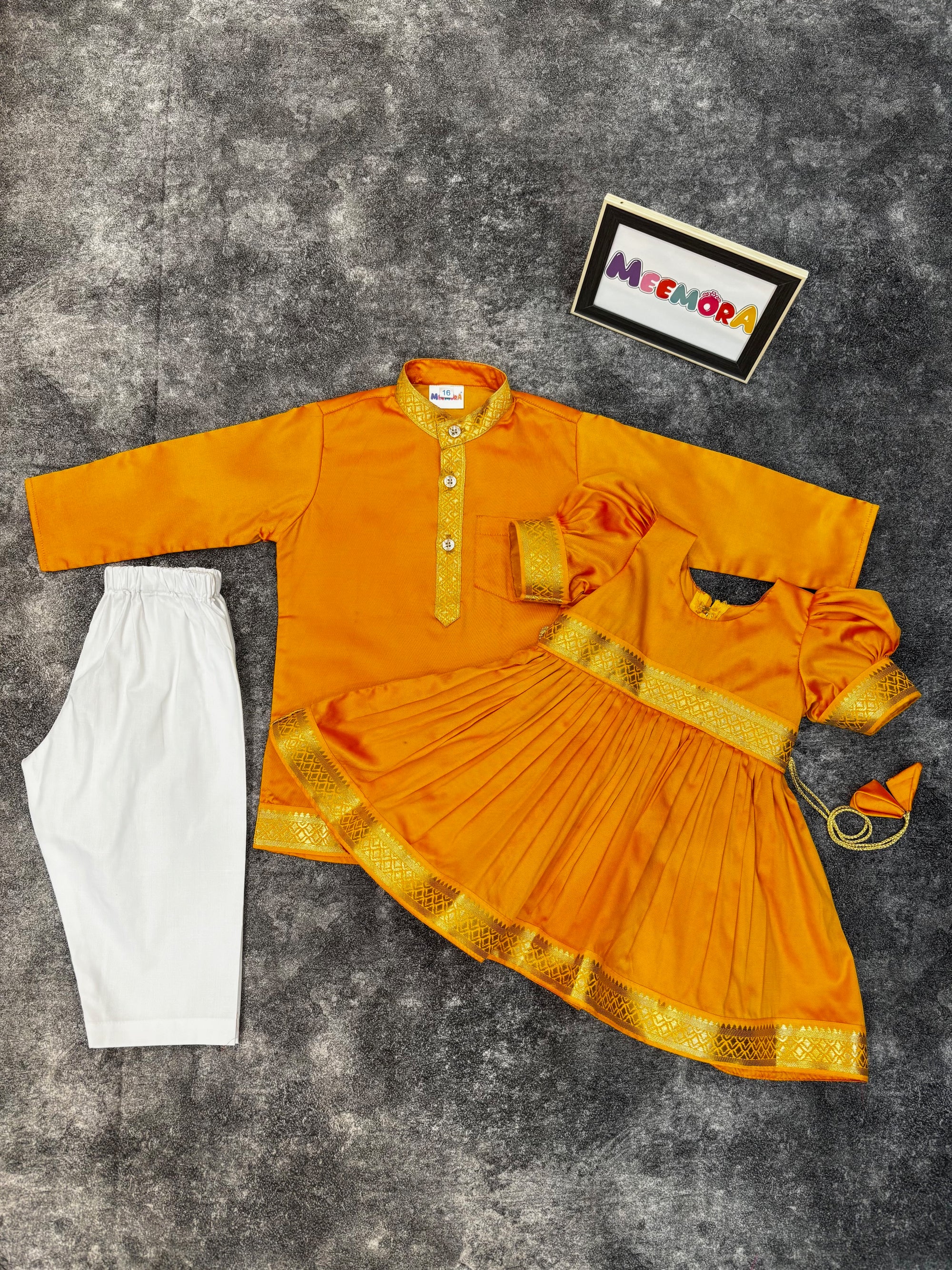 Mango Yellow Two Toned Silk Frock & Kurta Pajama Combo