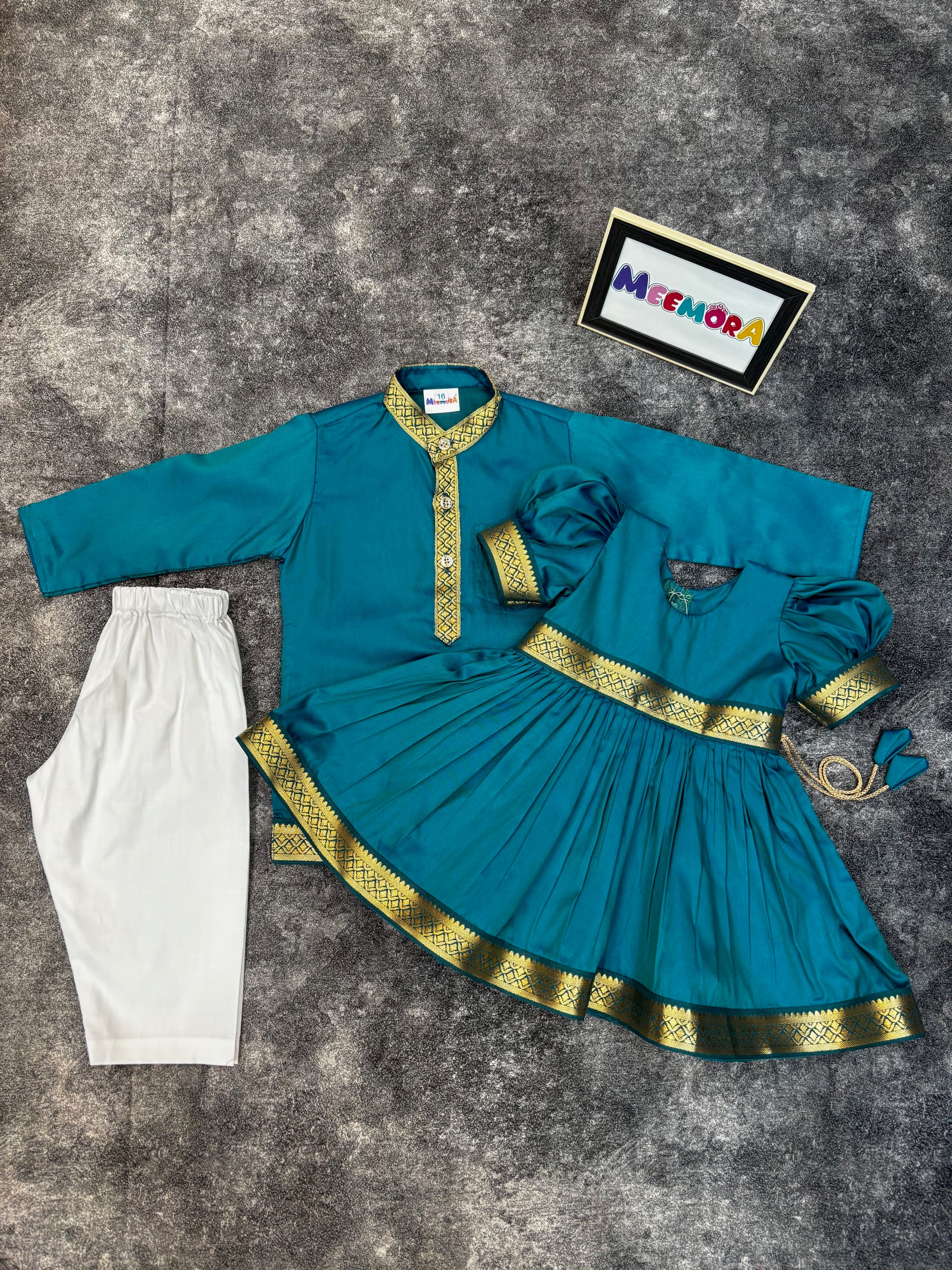 Morpankhi Blue Two Toned Silk Frock & Kurta Pajama Combo