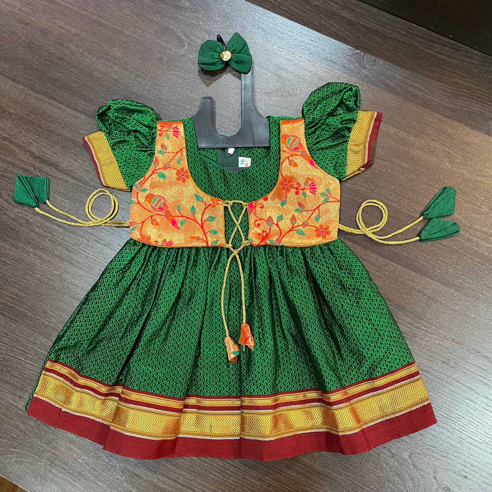 Green Khun Silk with Paithani Combination Silk Frock