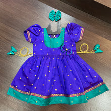 Load image into Gallery viewer, Indigo Morpankhi Yoke Puffed sleeves Silk Frock Dress
