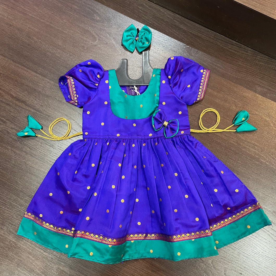 Indigo Morpankhi Yoke Puffed sleeves Silk Frock Dress