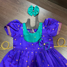 Load image into Gallery viewer, Indigo Morpankhi Yoke Puffed sleeves Silk Frock Dress
