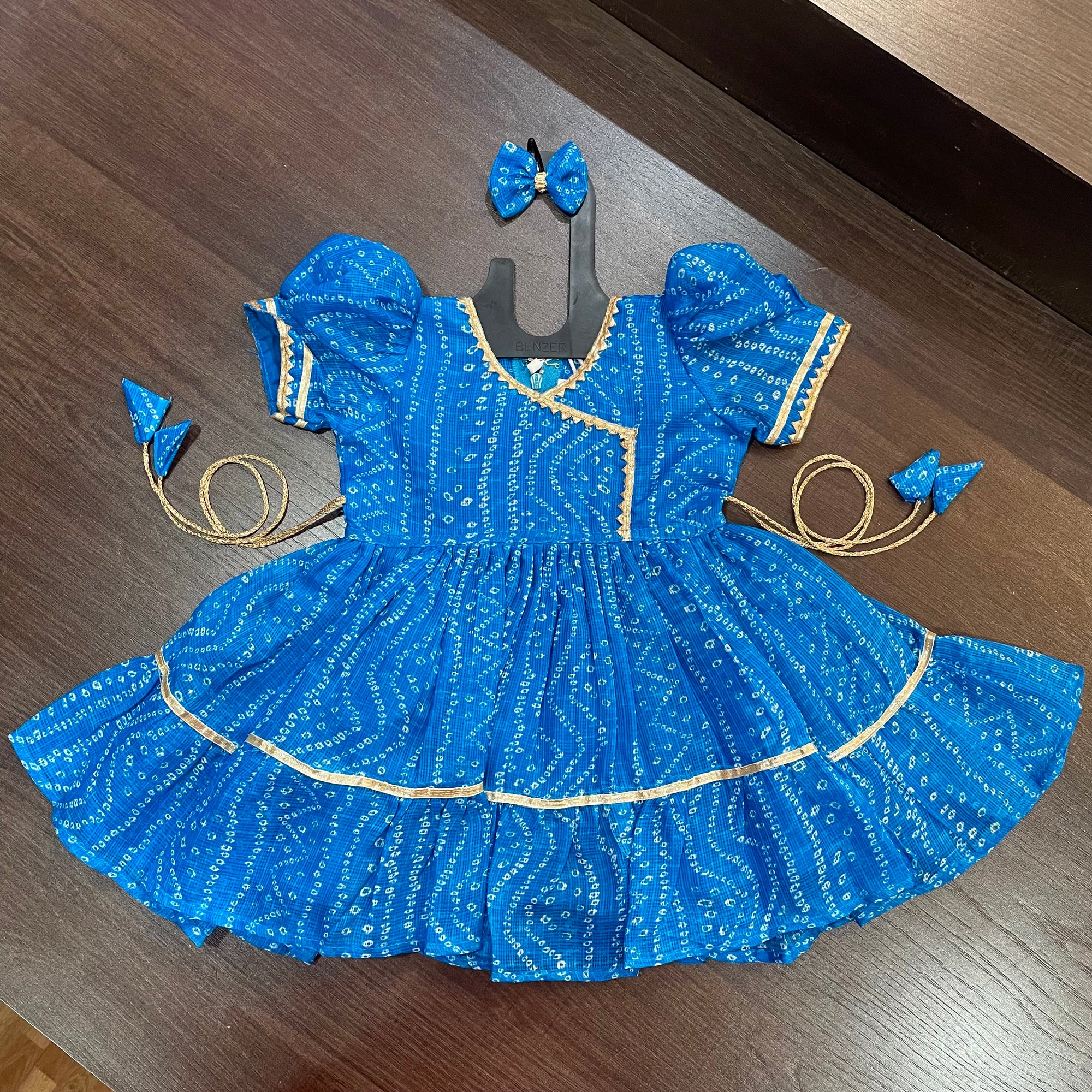 Sky Blue Bandhani Angrakha Gotta Patti Border Frock Dress