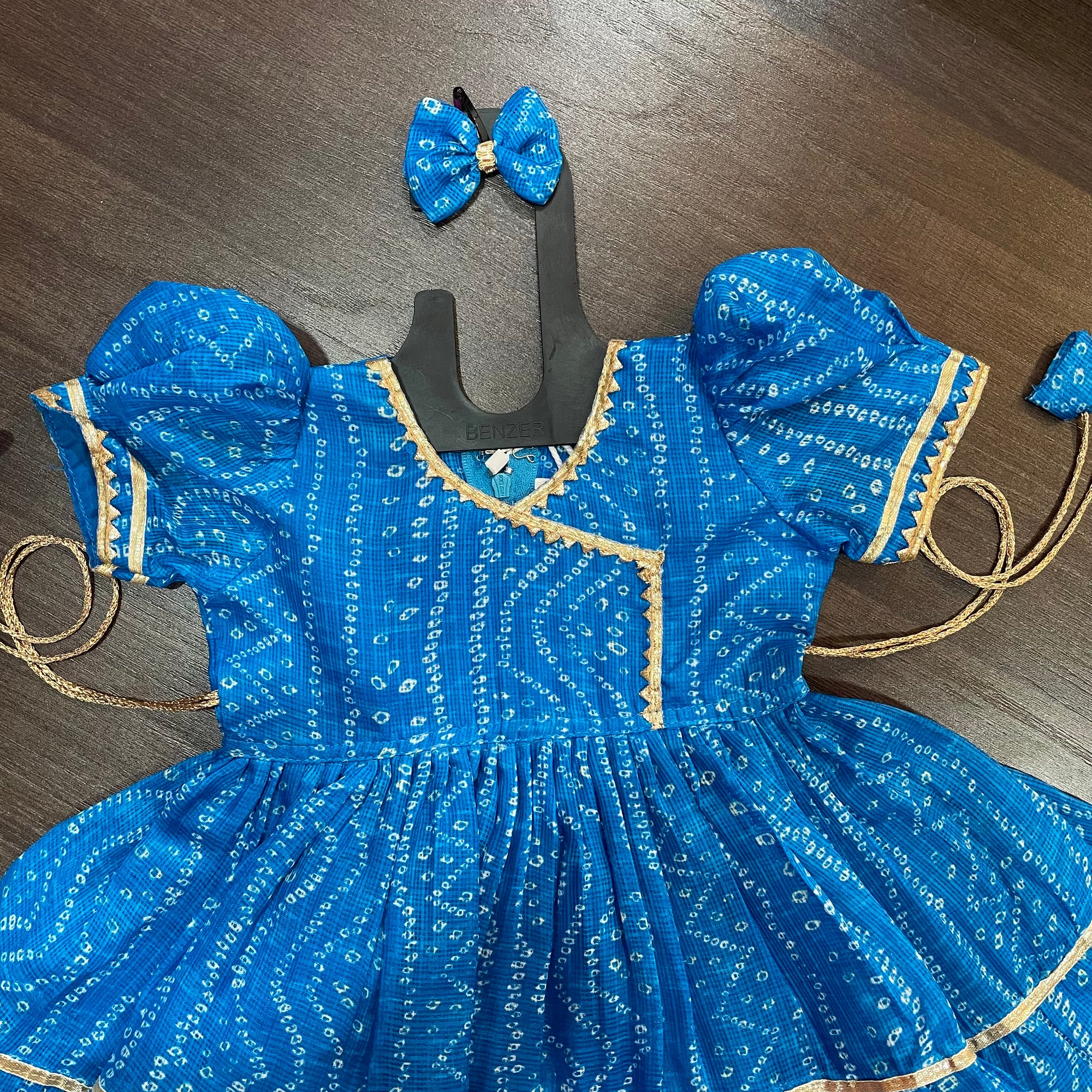 Sky Blue Bandhani Angrakha Gotta Patti Border Frock Dress