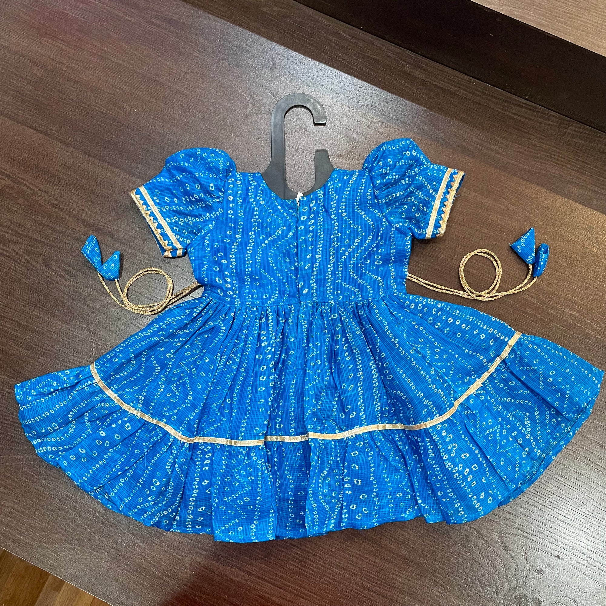 Sky Blue Bandhani Angrakha Gotta Patti Border Frock Dress