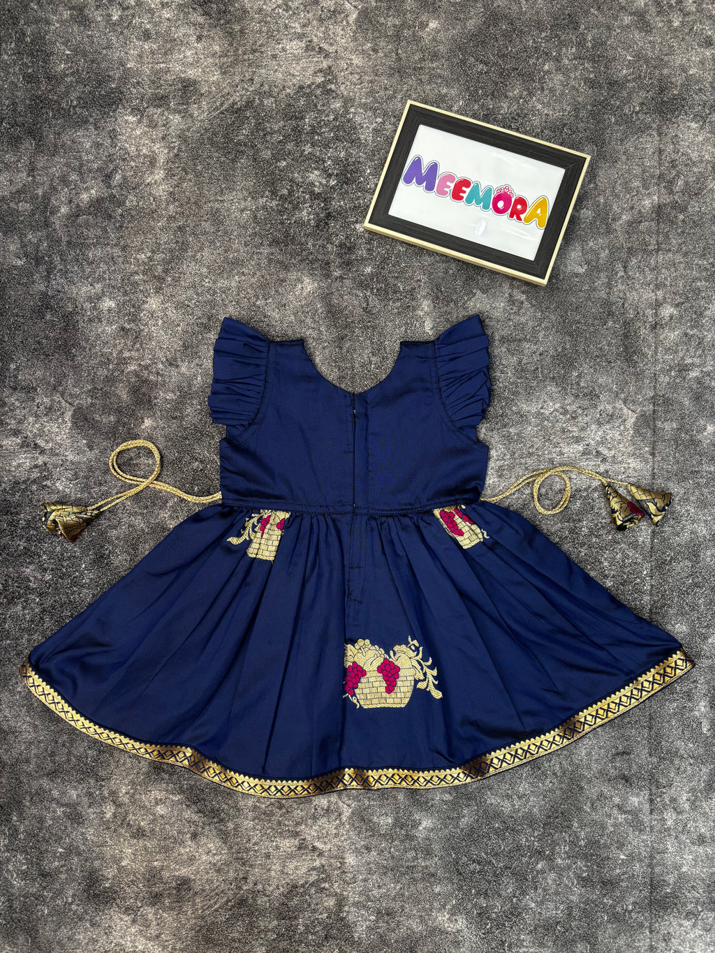 Navy Blue Soft Silk Zari Motif Frock for Baby Girl
