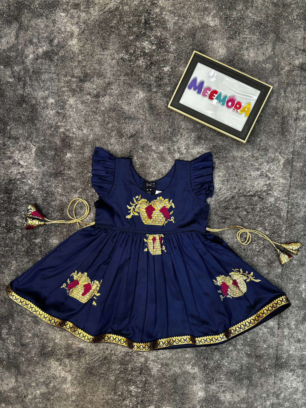 Navy Blue Soft Silk Zari Motif Frock for Baby Girl