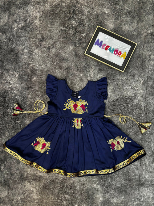 Navy Blue Soft Silk Zari Motif Frock for Baby Girl