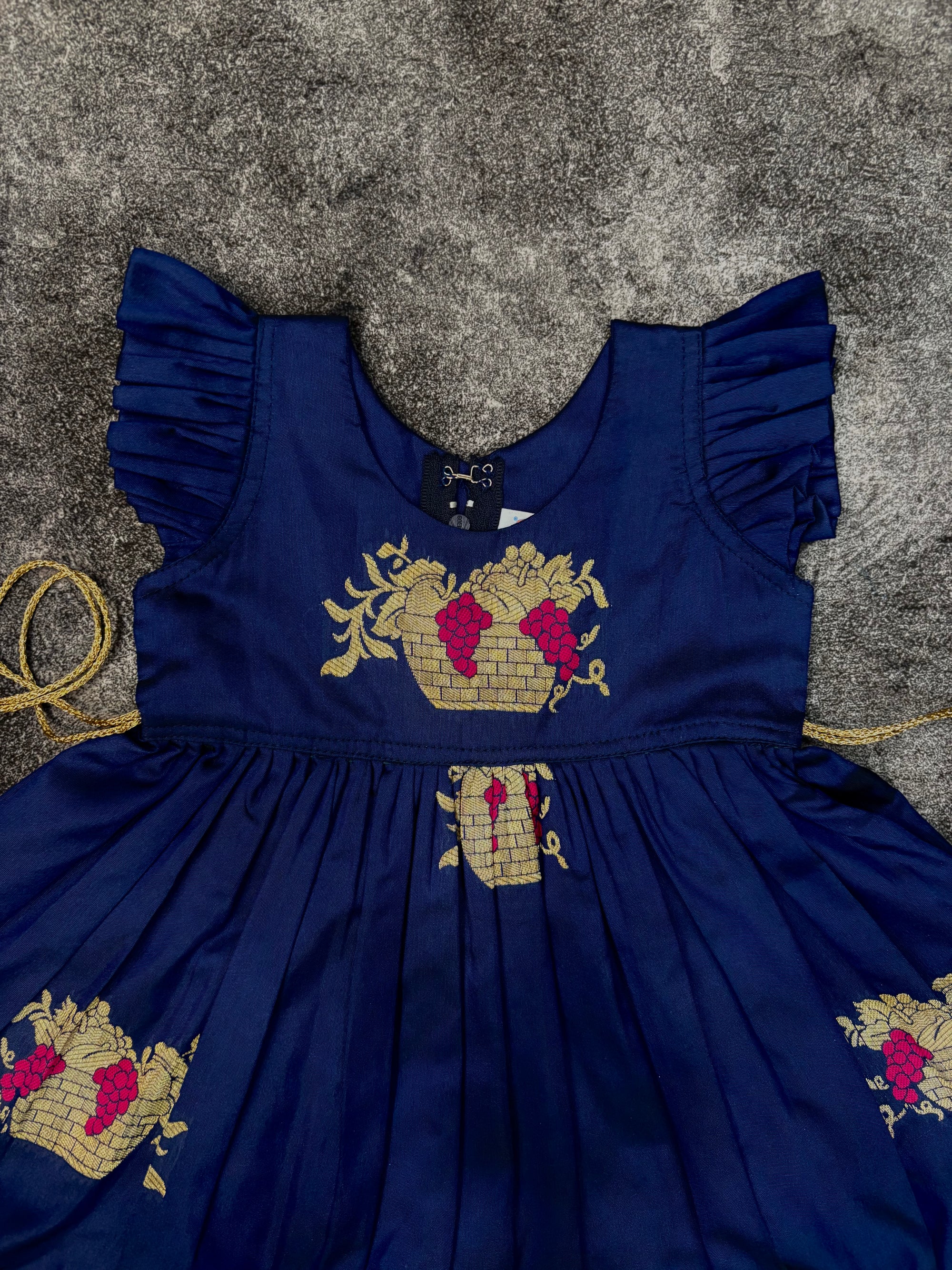 Navy Blue Soft Silk Zari Motif Frock for Baby Girl
