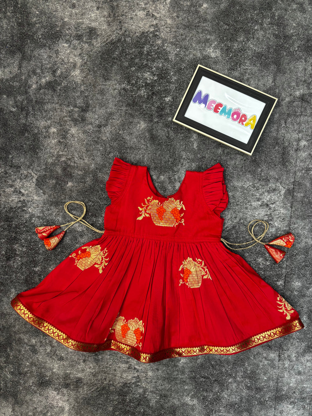 Red Soft Silk Zari Motif Frock for Baby Girl
