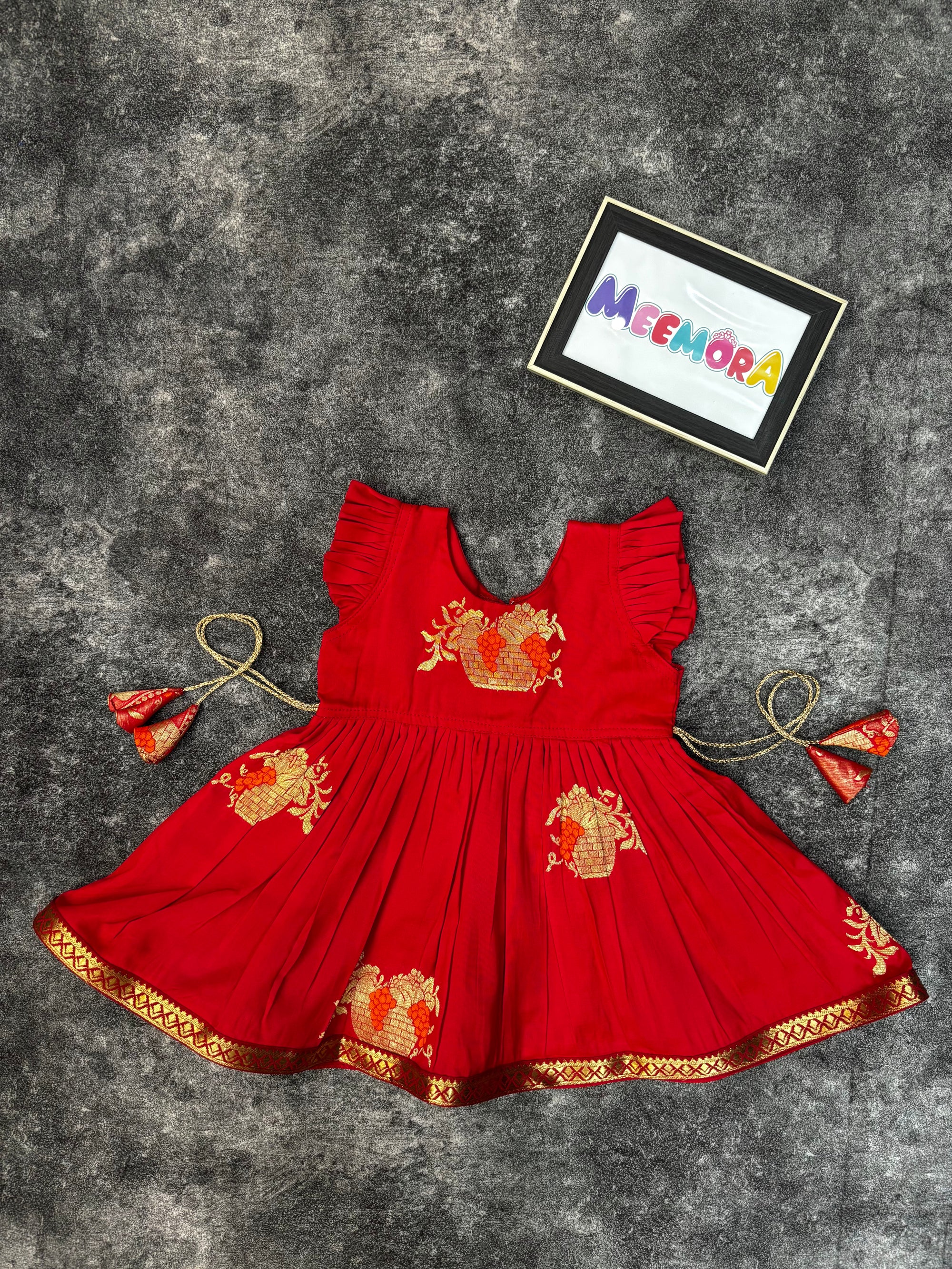 Red Soft Silk Zari Motif Frock for Baby Girl