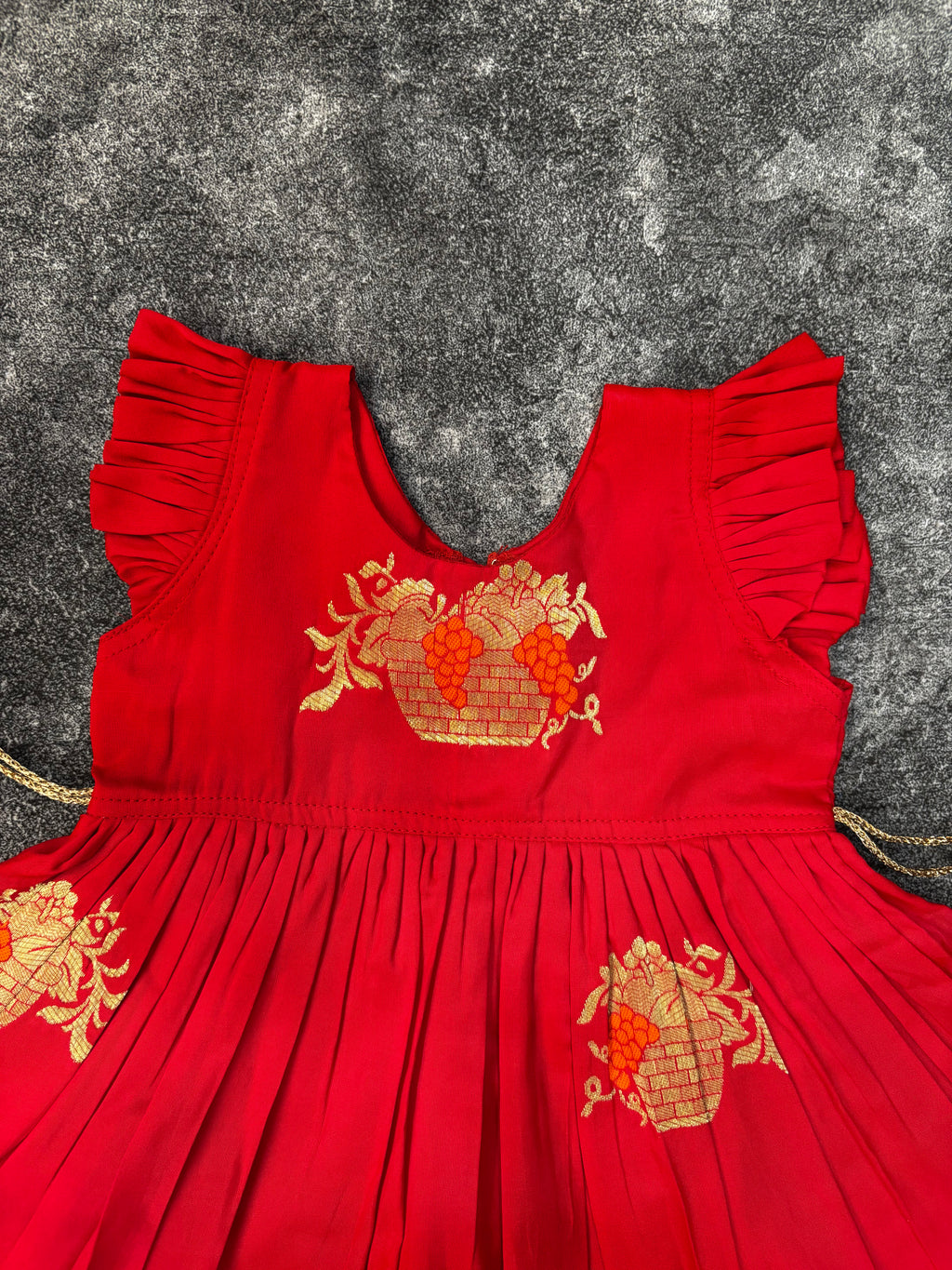 Red Soft Silk Zari Motif Frock for Baby Girl