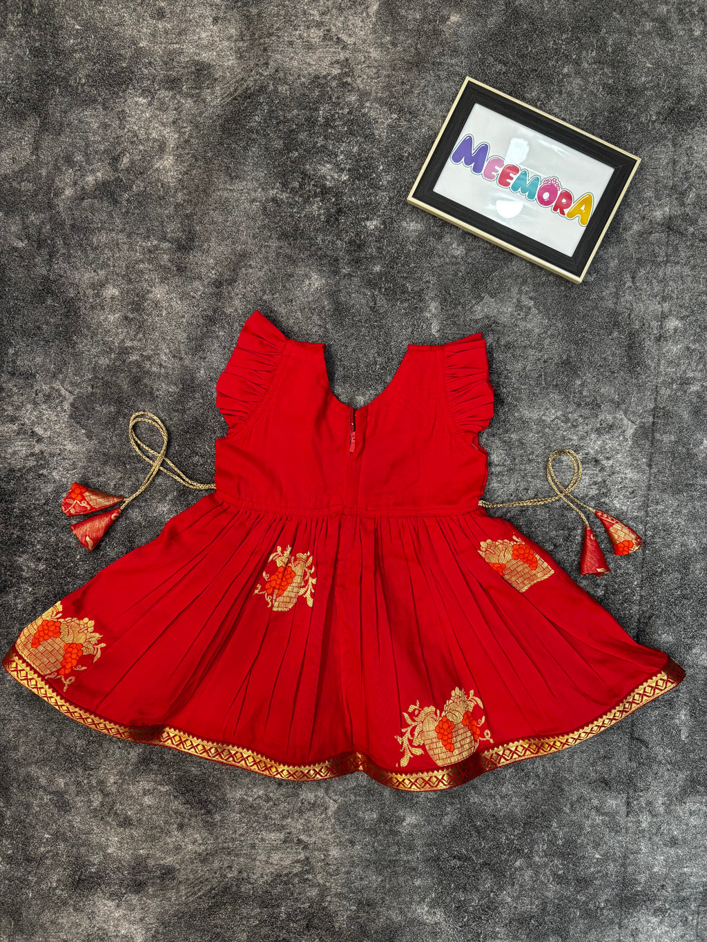 Red Soft Silk Zari Motif Frock for Baby Girl