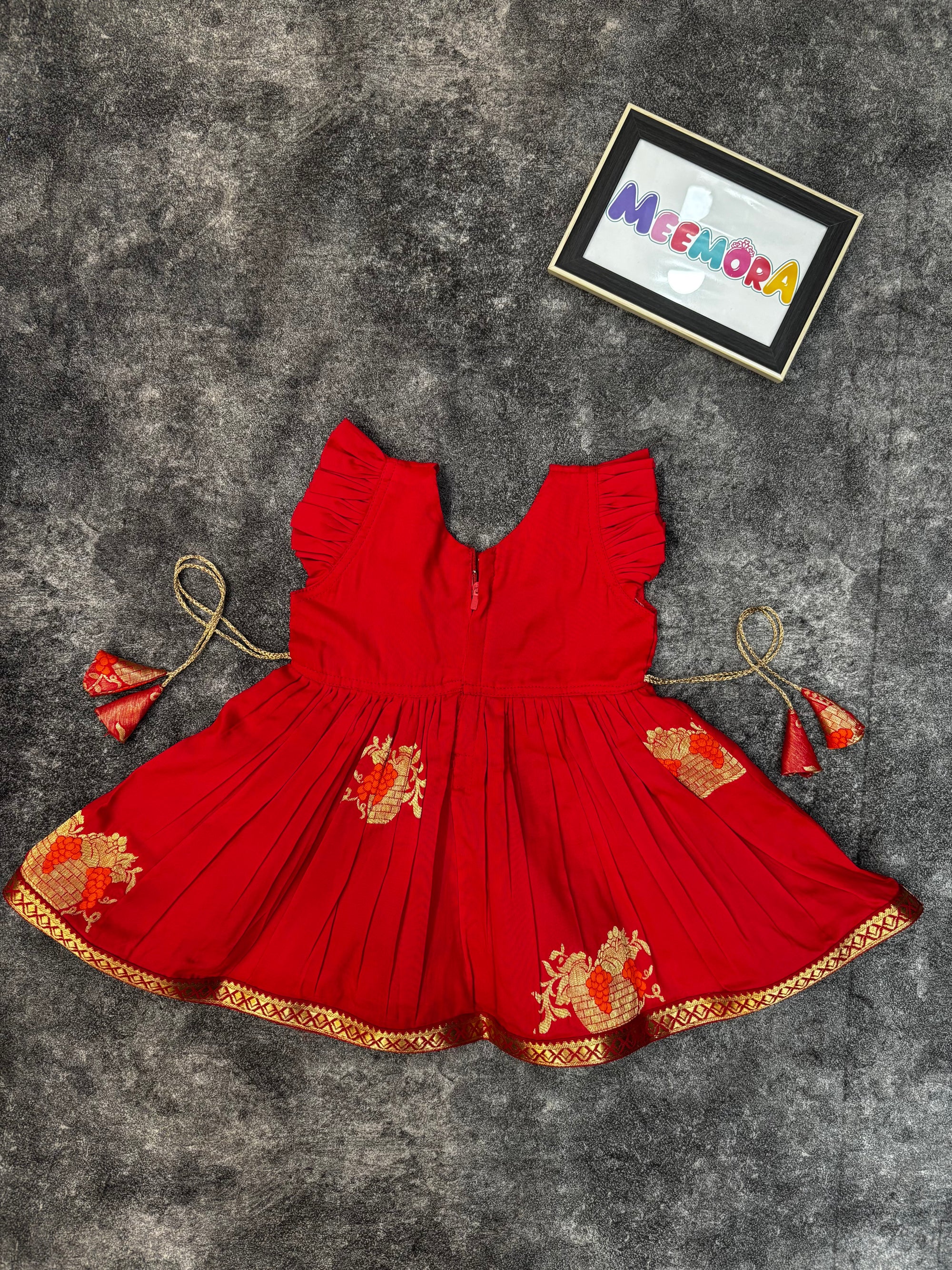 Red Soft Silk Zari Motif Frock for Baby Girl