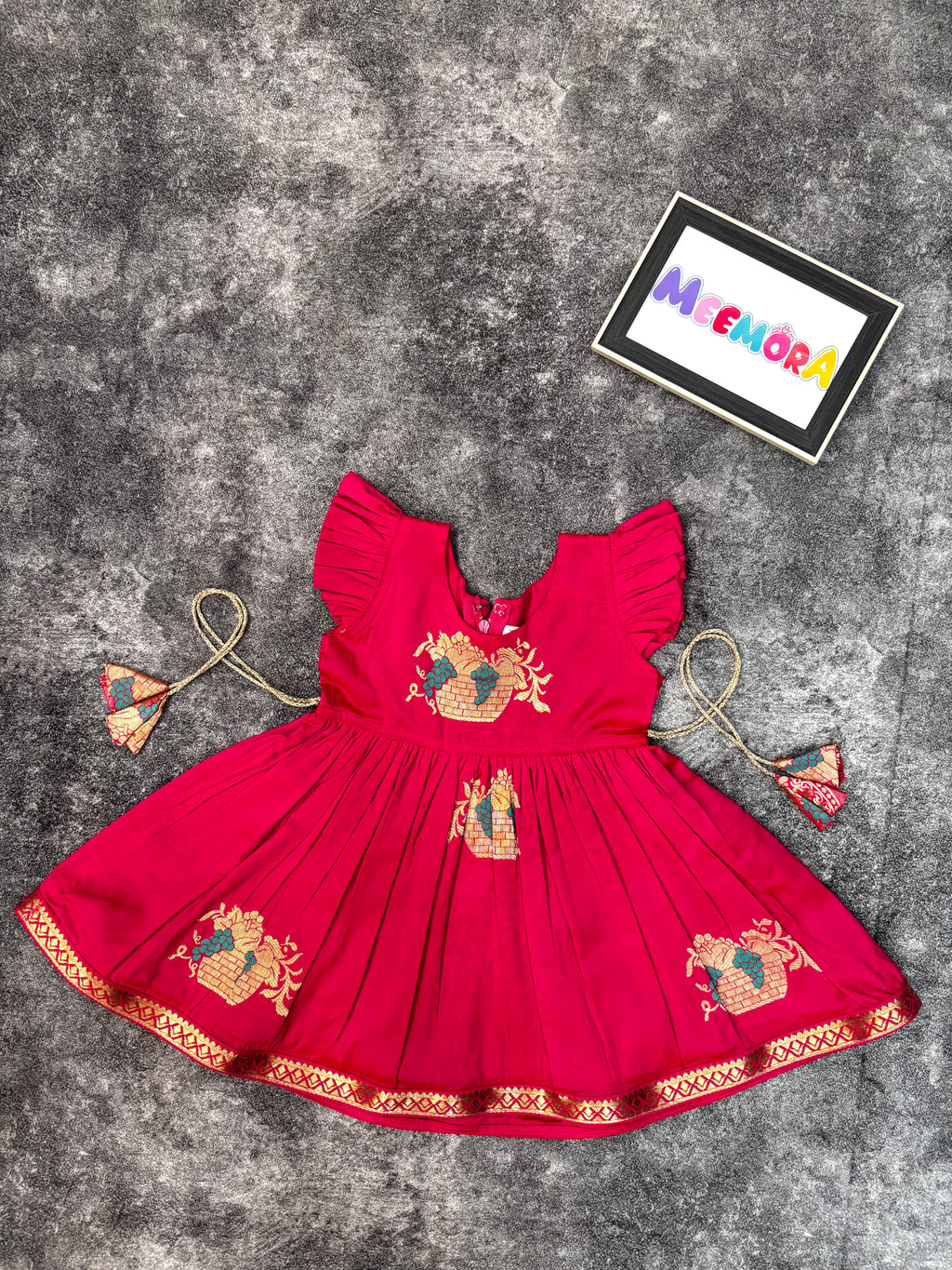 Rani Pink Soft Silk Zari Motif Frock for Baby Girl