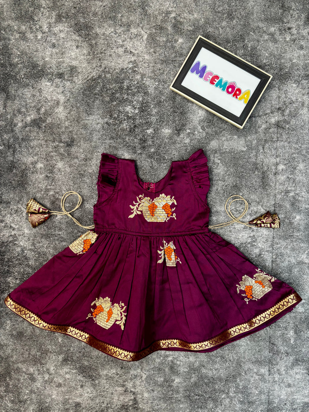 Wine Soft Silk Zari Motif Frock for Baby Girl