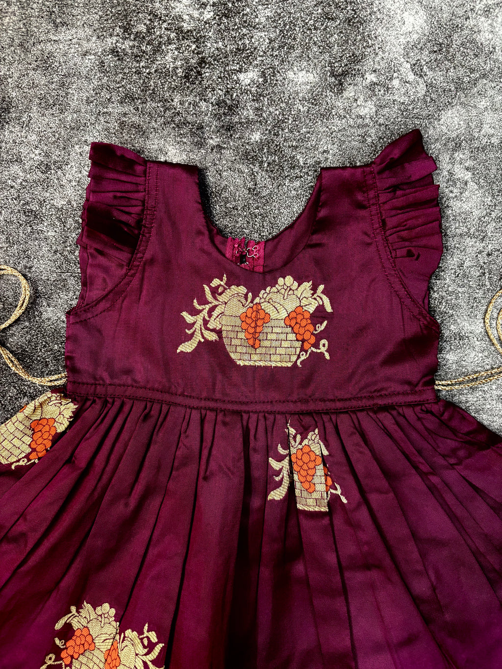 Wine Soft Silk Zari Motif Frock for Baby Girl