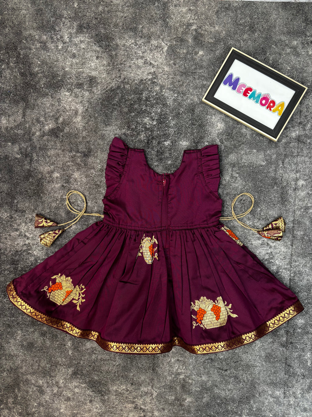 Wine Soft Silk Zari Motif Frock for Baby Girl