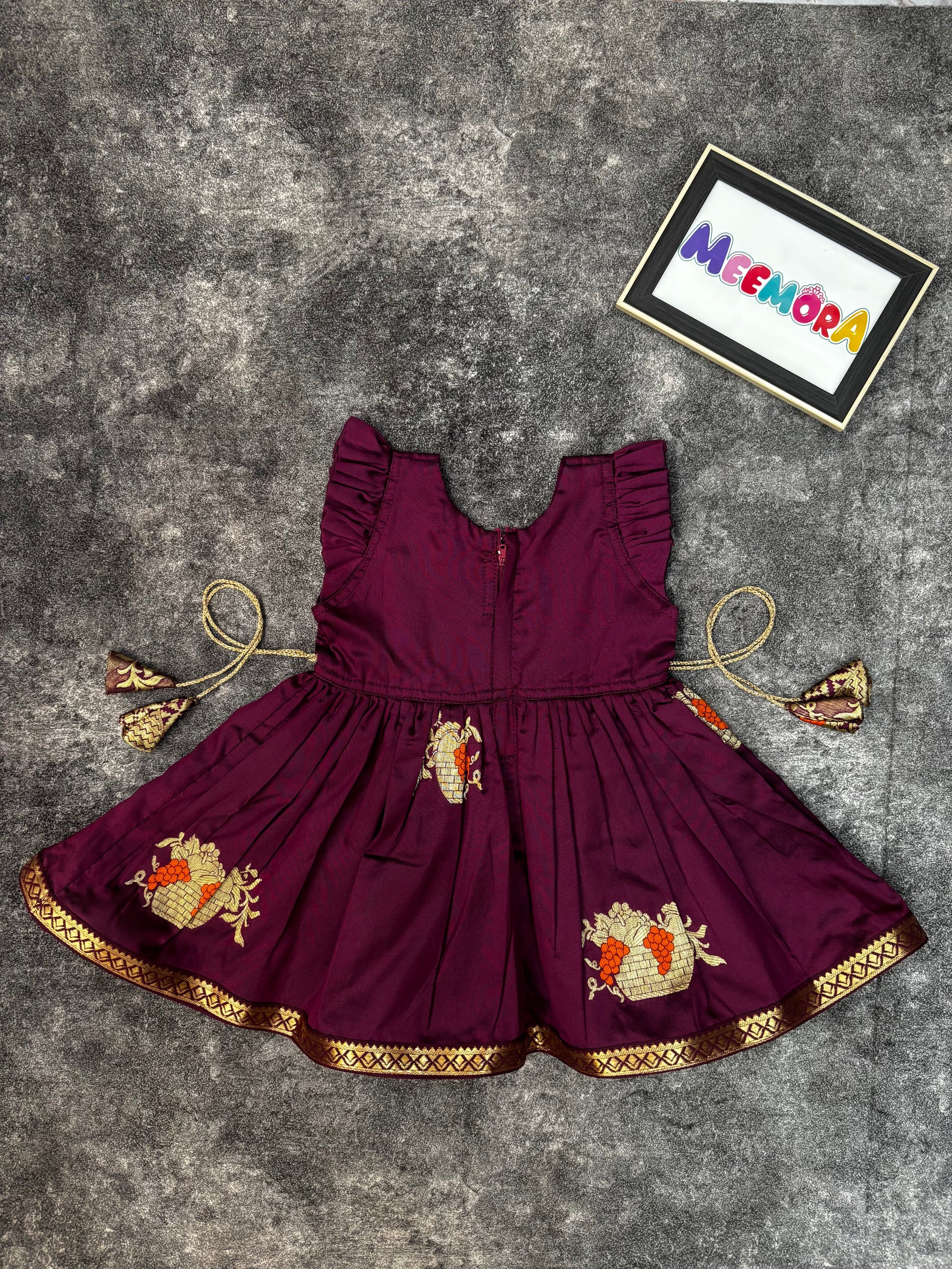 Wine Soft Silk Zari Motif Frock for Baby Girl