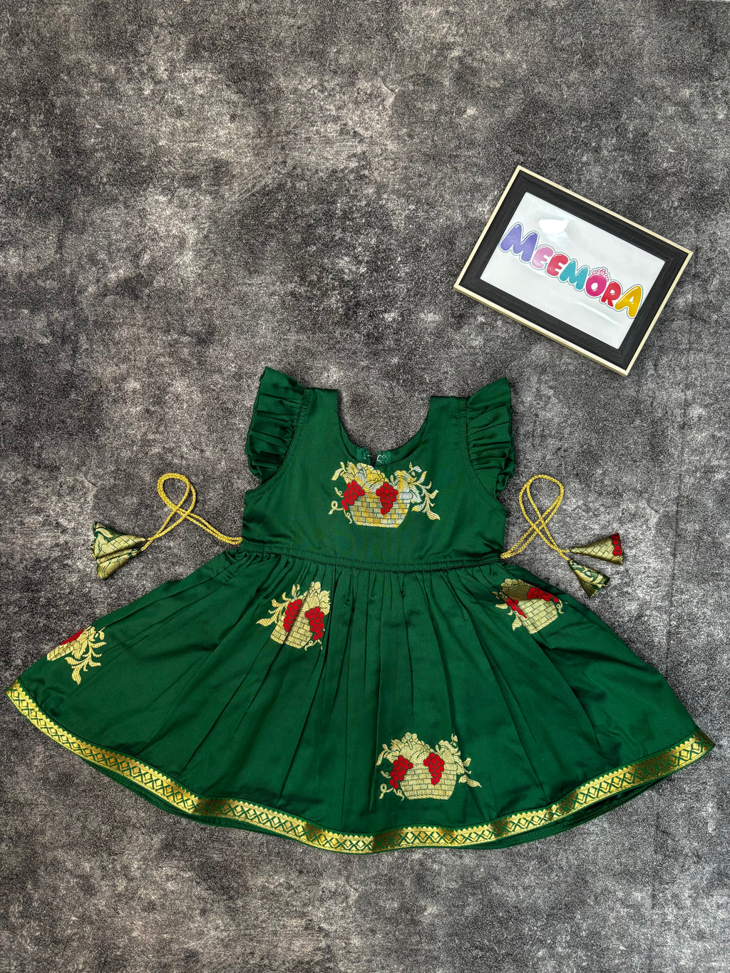 Green Soft Silk Zari Motif Frock for Baby Girl
