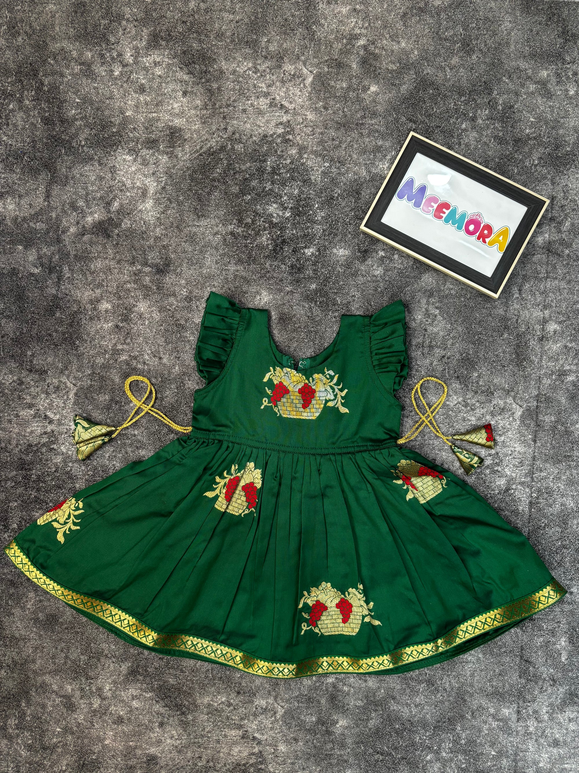 Green Soft Silk Zari Motif Frock for Baby Girl