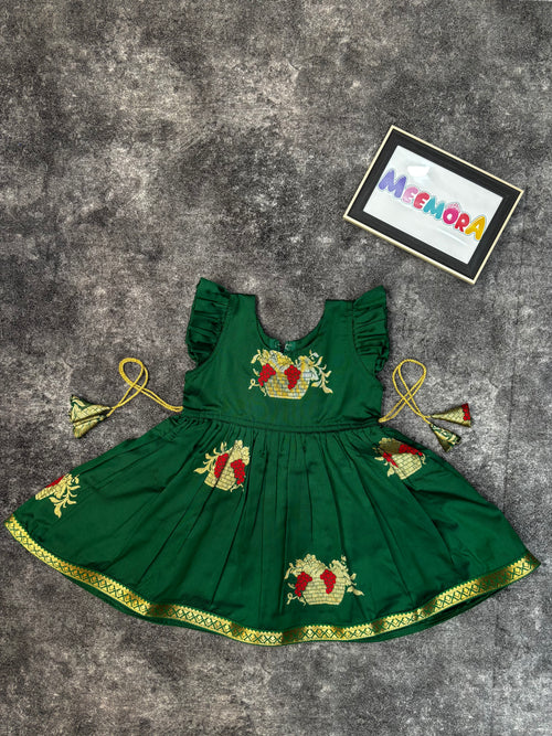 Green Soft Silk Zari Motif Frock for Baby Girl