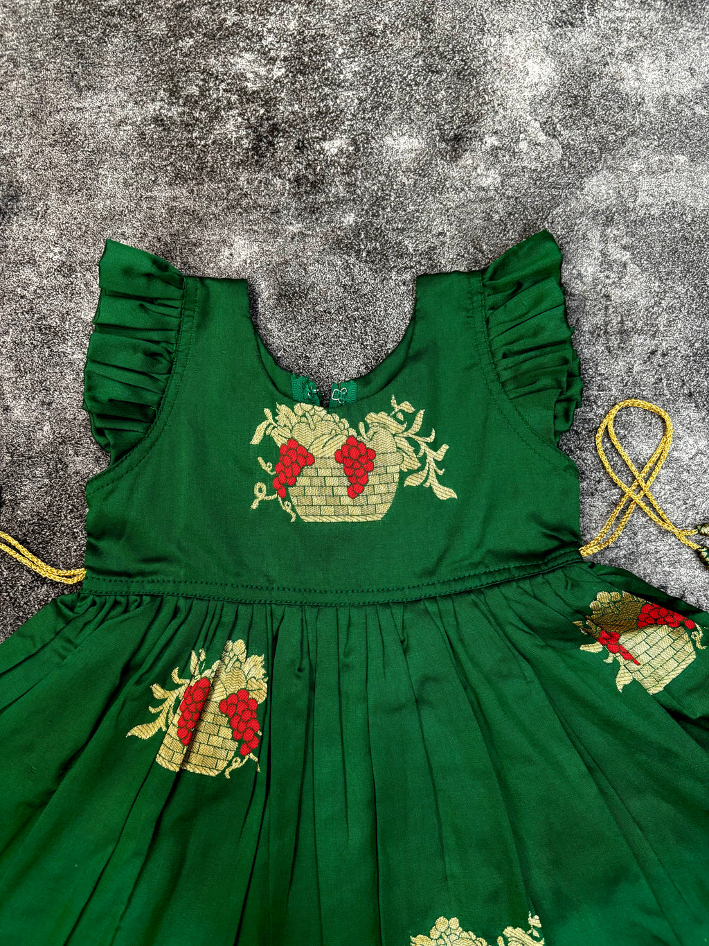 Green Soft Silk Zari Motif Frock for Baby Girl