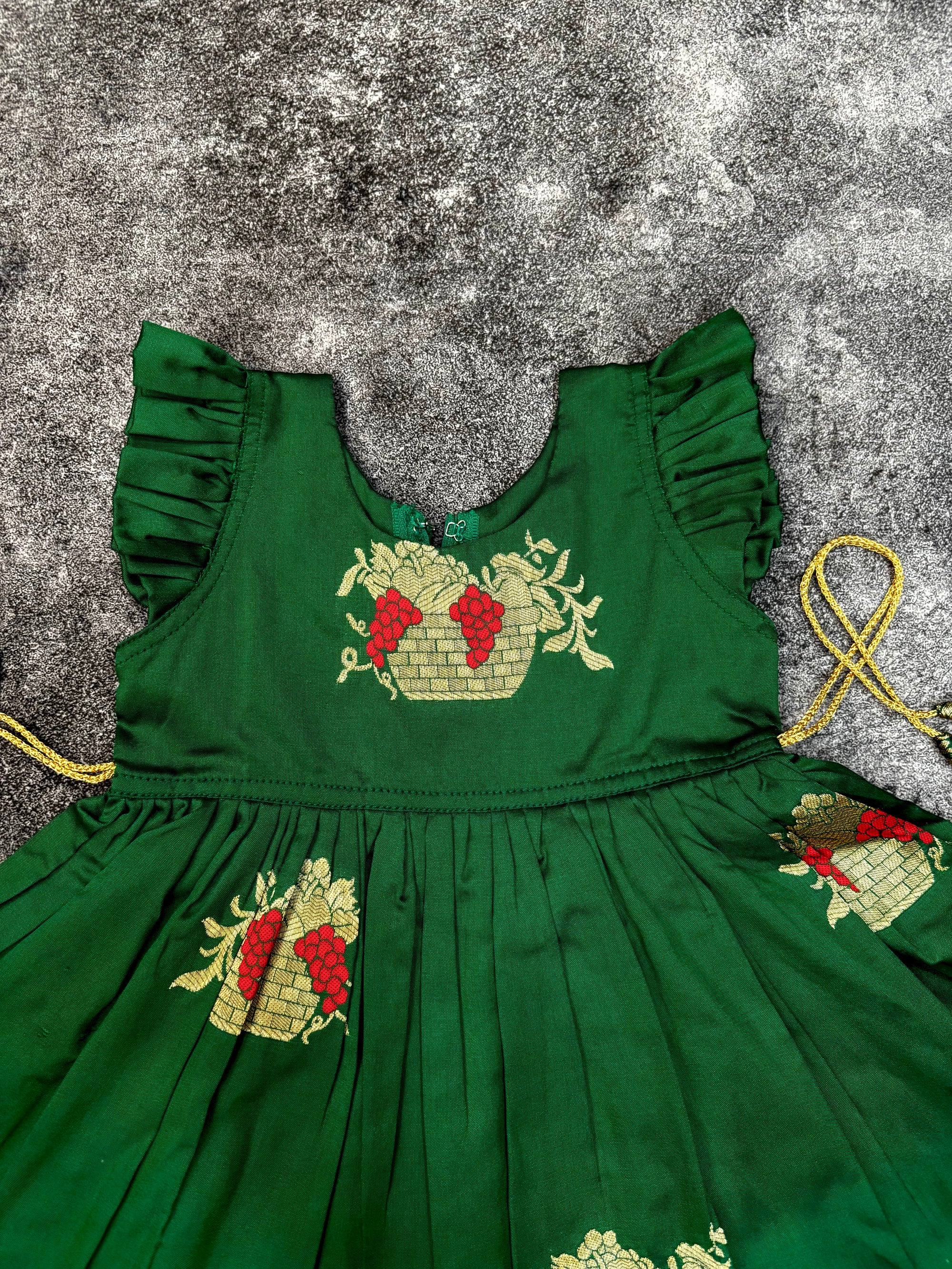 Green Soft Silk Zari Motif Frock for Baby Girl