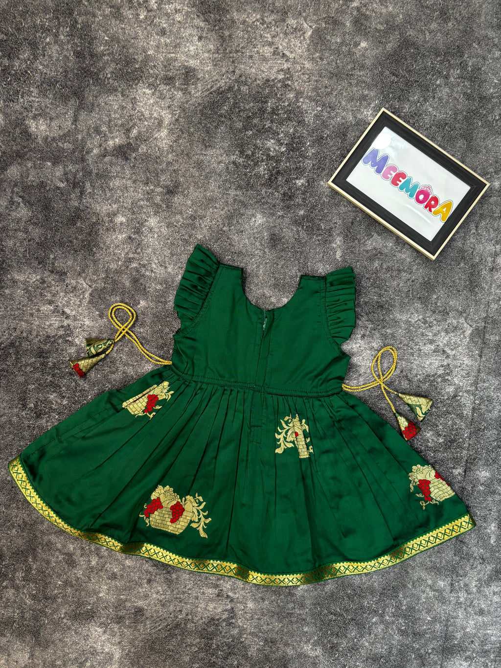 Green Soft Silk Zari Motif Frock for Baby Girl